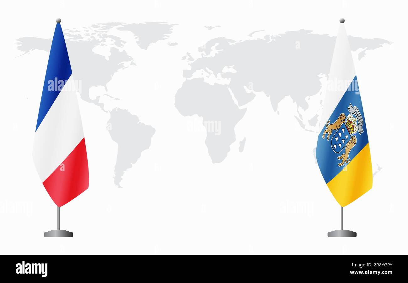 Francia e Isole Canarie bandiere per riunioni ufficiali sullo sfondo della mappa mondiale. Illustrazione Vettoriale