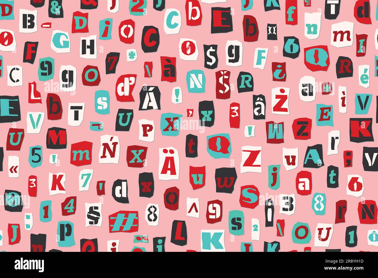 Modello di riscatto senza cuciture lettere in stile collage, numeri tagliati da giornali e riviste. Collezione vintage ABC. Carattere punk rosso, bianco e nero Illustrazione Vettoriale