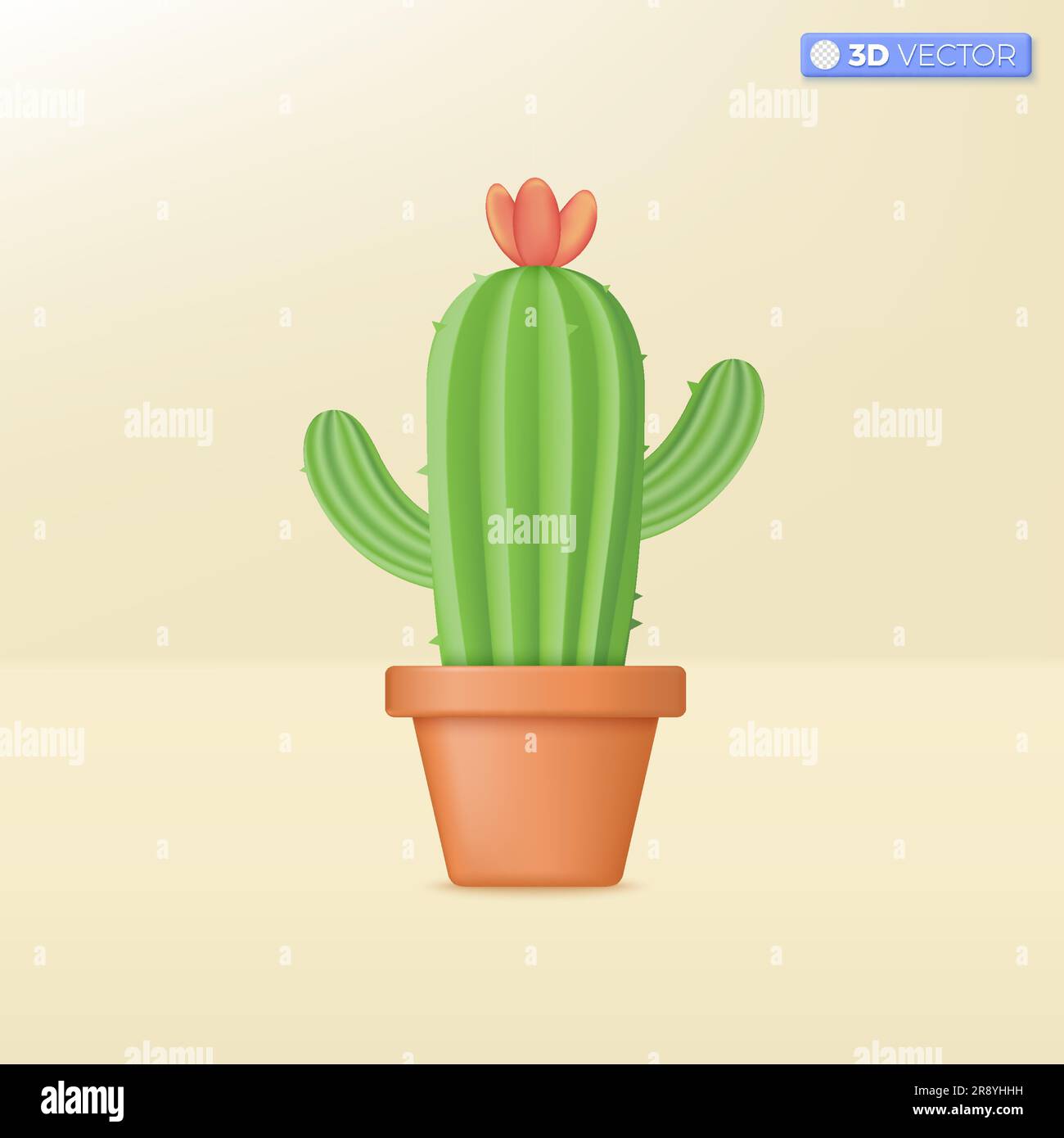 Cactus verde in terracotta simboli icona. Impianto ornamentale per arredamento di casa e ufficio. Disegno di illustrazione con isolamento vettoriale 3D. Cartone animato pastello Illustrazione Vettoriale
