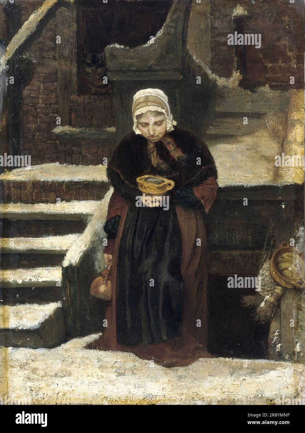 Life's Eventide, 1863. Una donna anziana emerge da un appartamento seminterrato con un bollitore per la cottura a vapore e una ciotola in ceramica con carbone caldo. Foto Stock