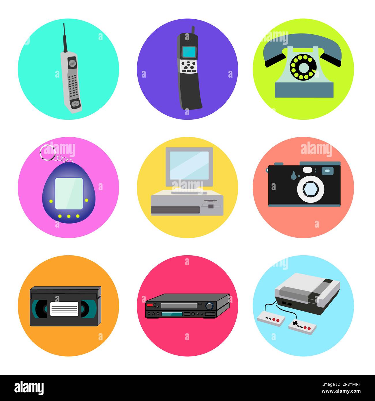 Set di icone rotonde vintage vintage vintage alla moda degli anni '70, '80, '90, cellulare, giocattolo elettronico, computer, macchina fotografica, videocassetta, vid Illustrazione Vettoriale