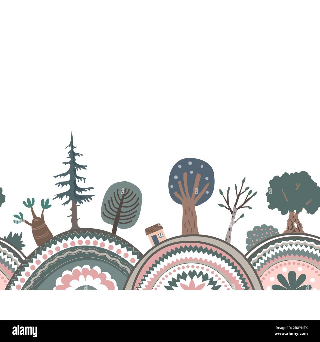 Vivaio orizzontale sfondo doodle senza cuciture con colline strutturate e alberi di doodle. Cartoni animati con bordo vettoriale disegnato a mano per immagini estive, primaverili o Illustrazione Vettoriale