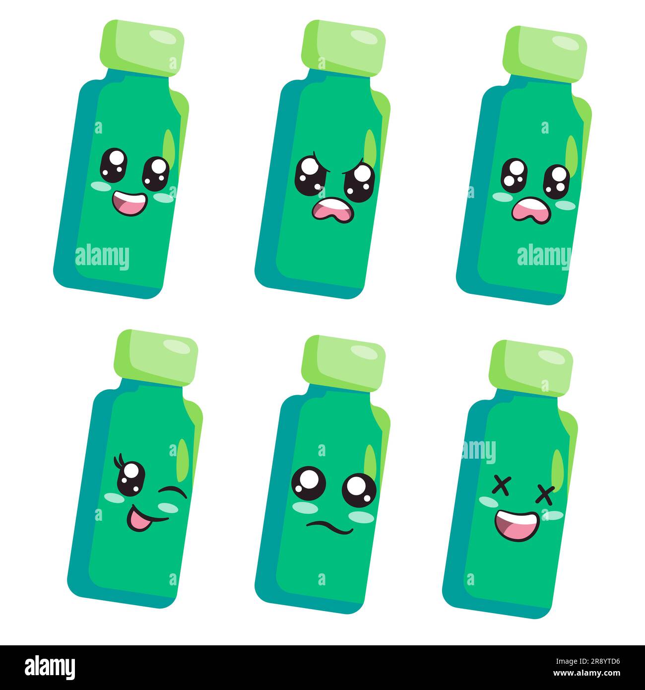 confezione di bevande in bottiglia di colore verde con un sorriso grande arrabbiato paura occhi lampeggianti tristi e espressione ridendo che prova emozione Illustrazione Vettoriale