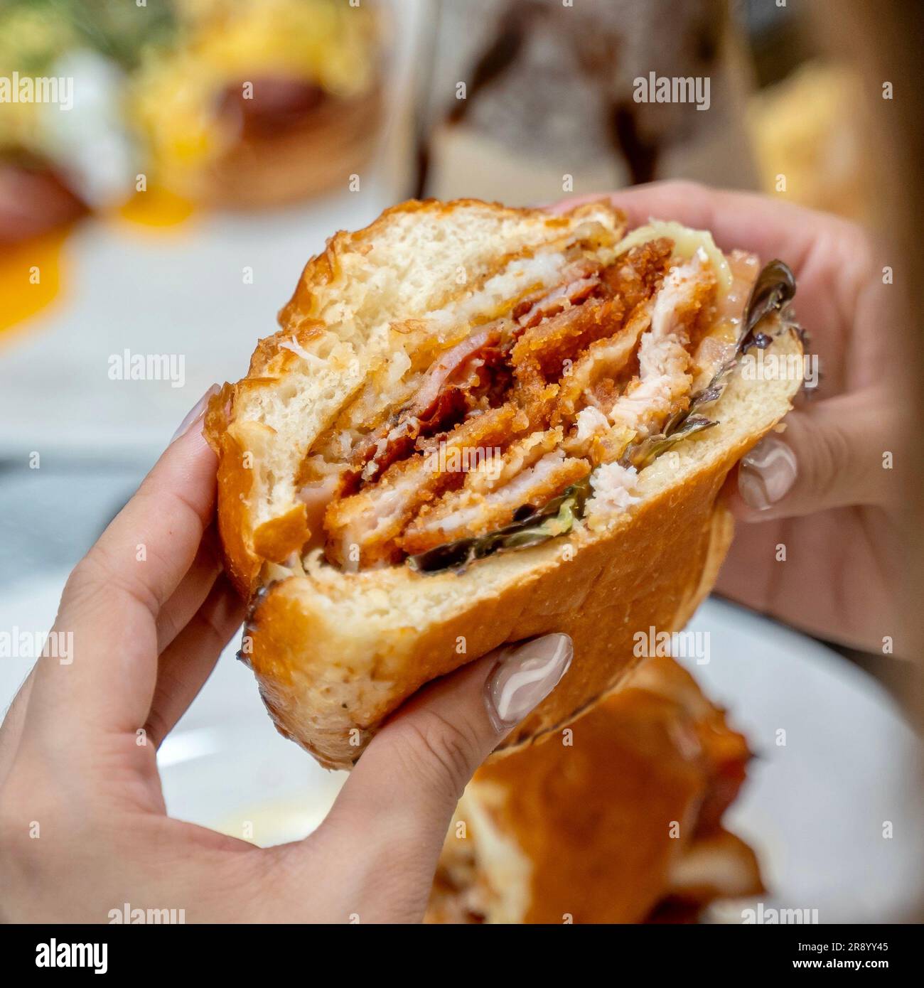 Una persona tiene un grande panino fino alla fotocamera con entrambe le mani Foto Stock