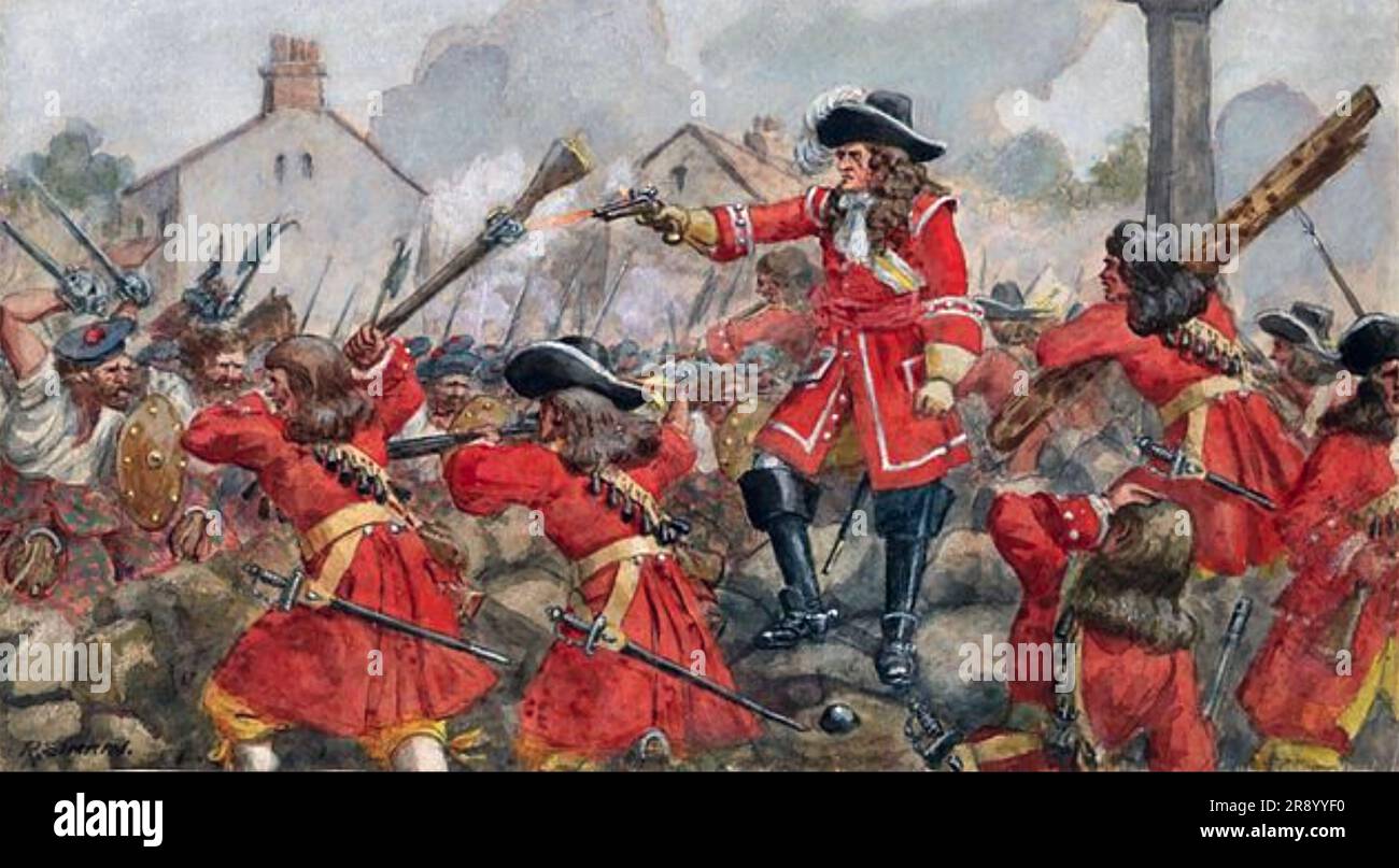 BATTAGLIA DI DUNKELD 21 AGOSTO 1689. Il 26th Regiment of Foot comandato dal tenente William Cleland sconfigge i giacobiti. Illustrazione di Richard Simkin Foto Stock