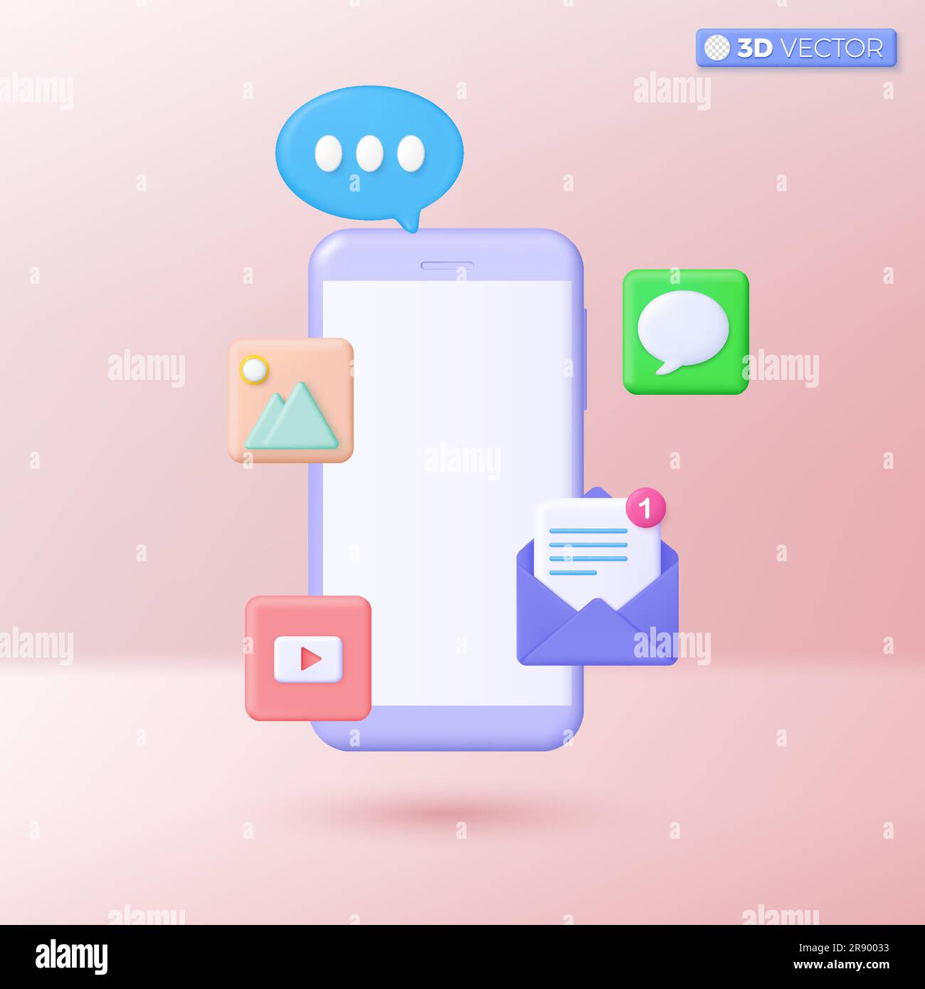 Simboli delle icone di smartphone e applicazioni. Multimedia, chat, pianificazione marketing, foto, lettera di promemoria e-mail online. Illust isolato vettore 3D. Illustrazione Vettoriale