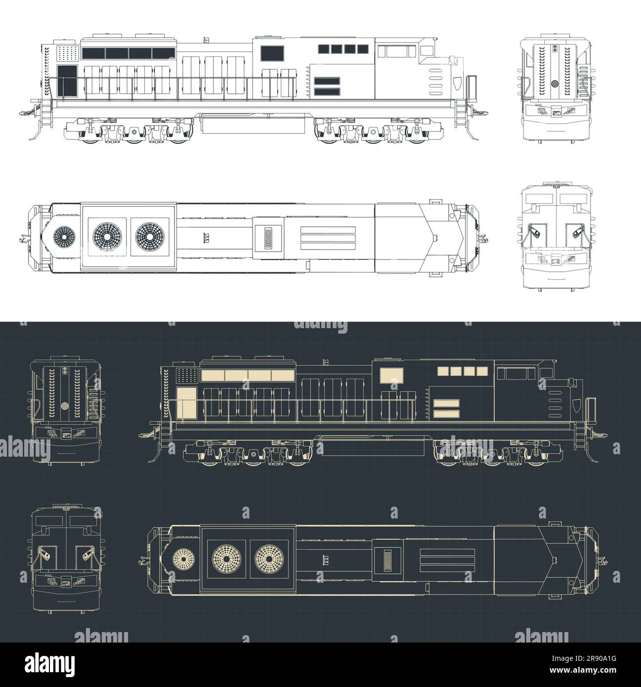 Illustrazioni vettoriali stilizzate di progetti di locomotive Illustrazione Vettoriale