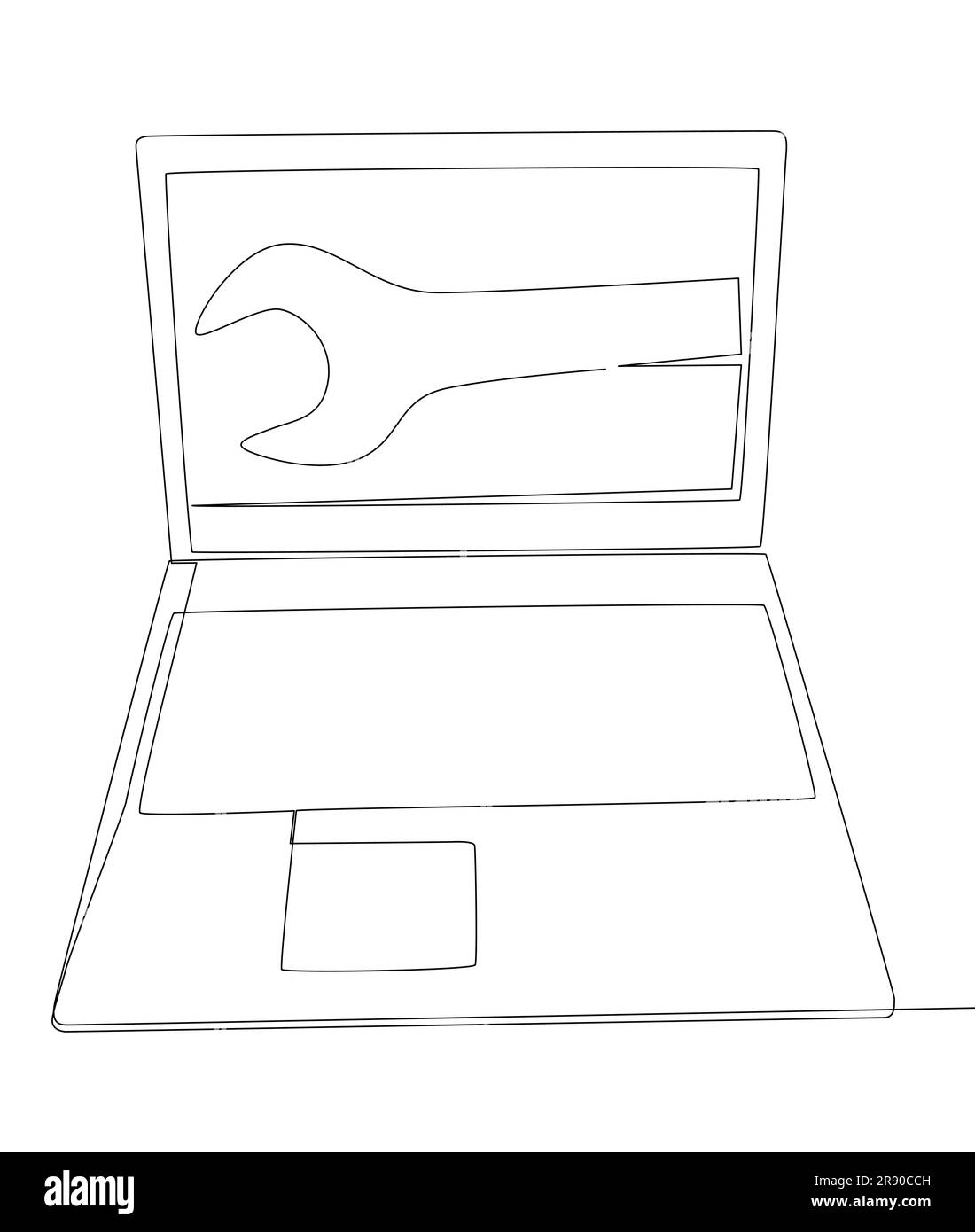 Una linea continua di laptop con chiave. Concetto vettoriale illustrazione a linee sottili. Idee creative per disegnare contorni. Illustrazione Vettoriale