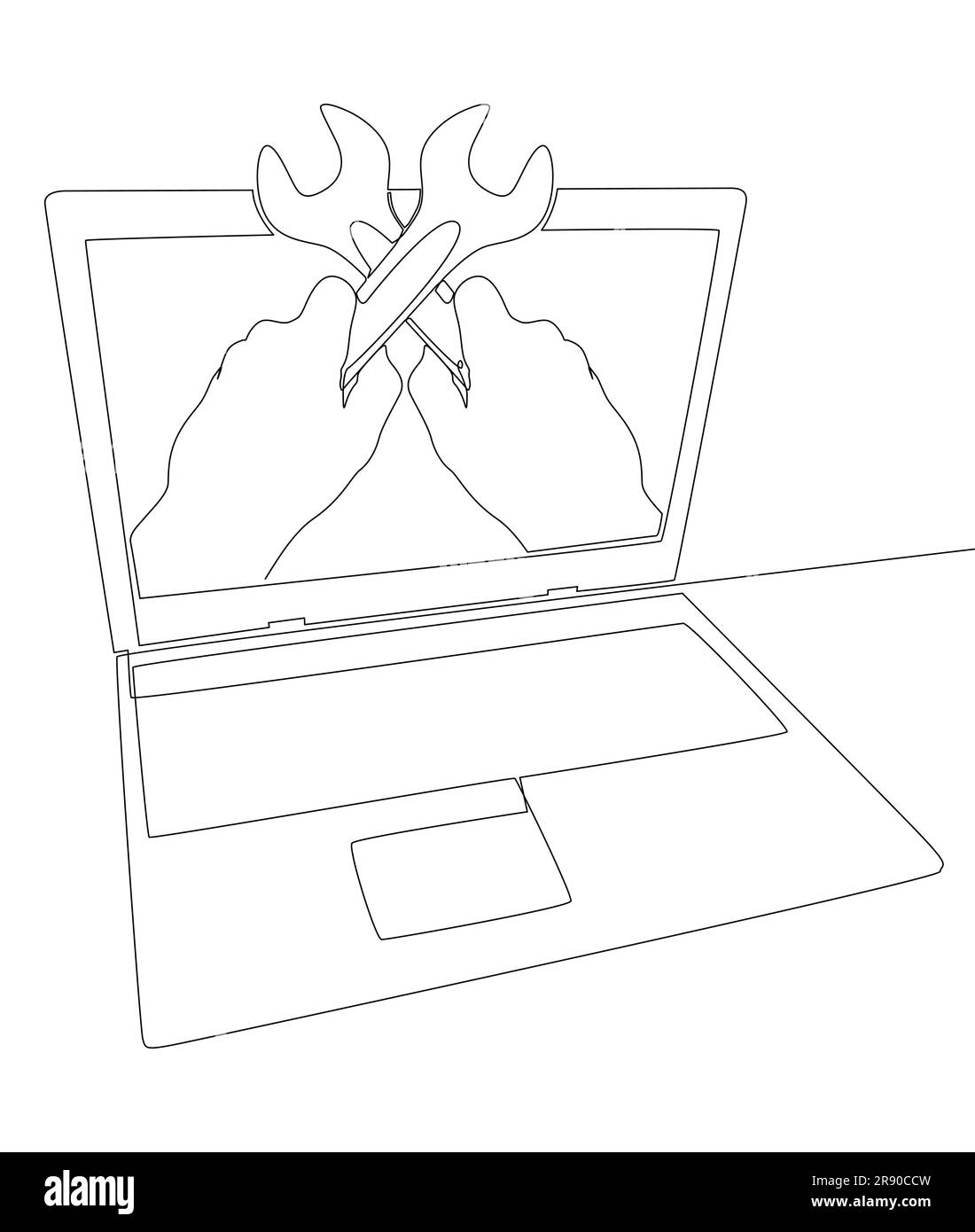 Una linea continua di laptop con chiave. Concetto vettoriale illustrazione a linee sottili. Idee creative per disegnare contorni. Illustrazione Vettoriale