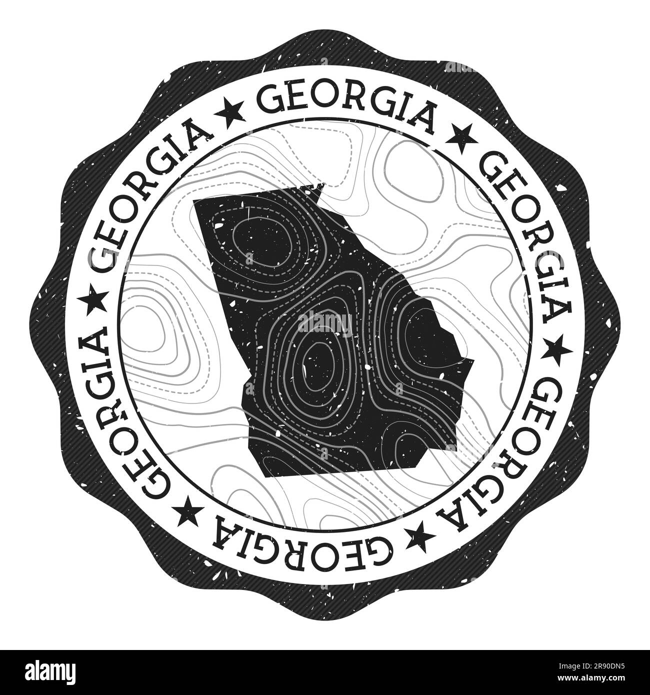 Francobollo all'aperto della Georgia. Adesivo rotondo con mappa dello stato degli Stati Uniti con isoline topografiche. Illustrazione vettoriale. Illustrazione Vettoriale