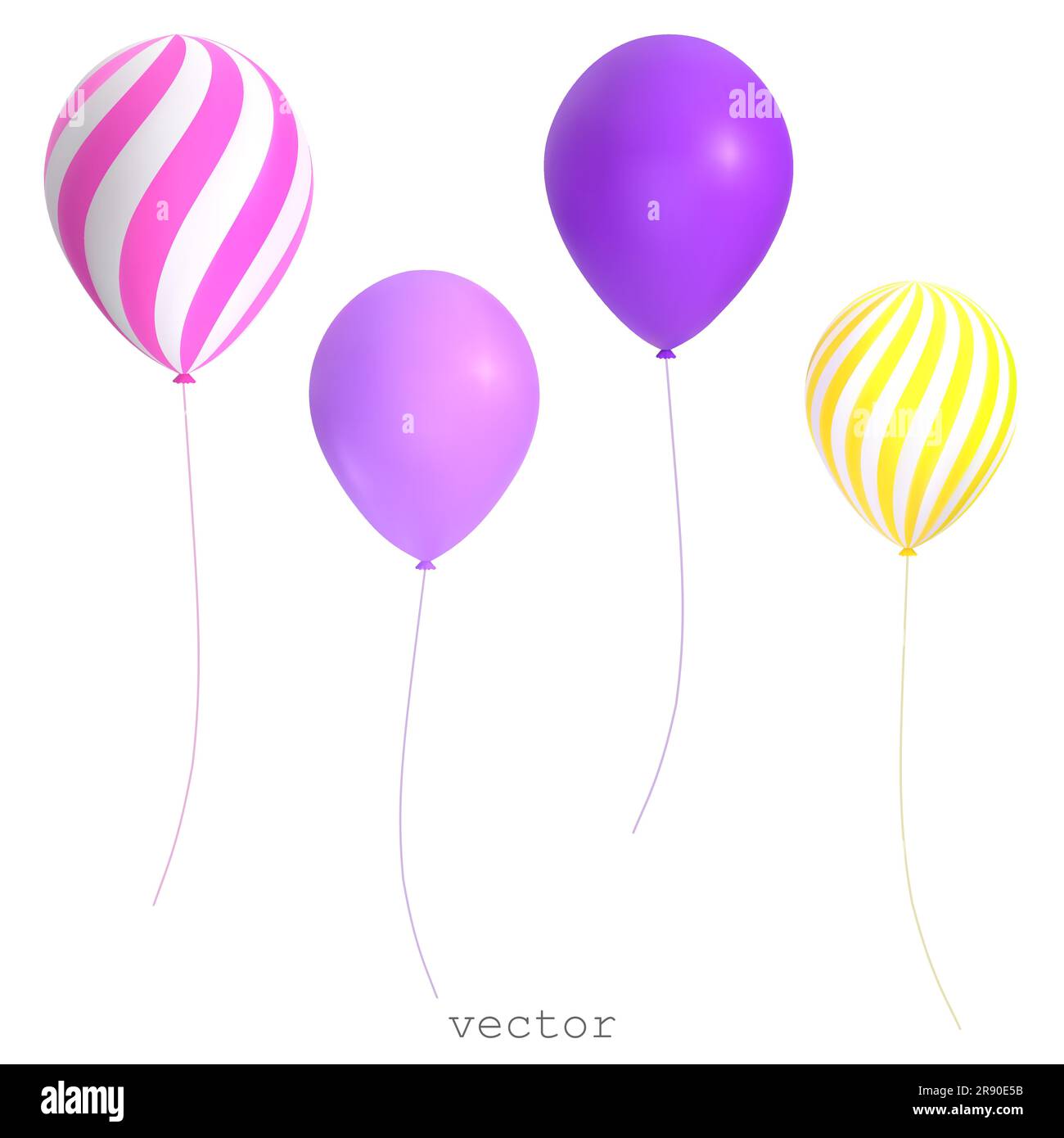Palloncini vettoriali 3D. Elementi decorativi a righe viola, giallo e rosa per le feste. Oggetti di design per festeggiamenti e compleanni. Illustrazione vettoriale colorata i Illustrazione Vettoriale