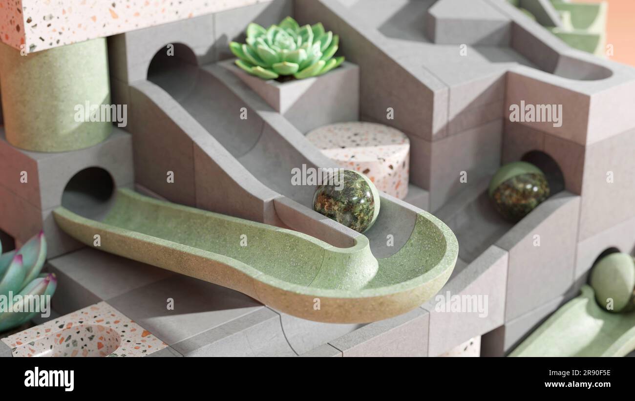 Scultura in marmo in cemento e terrazzo. Macchina in marmo con decorazione di piante e vibrazioni chill. Foto Stock