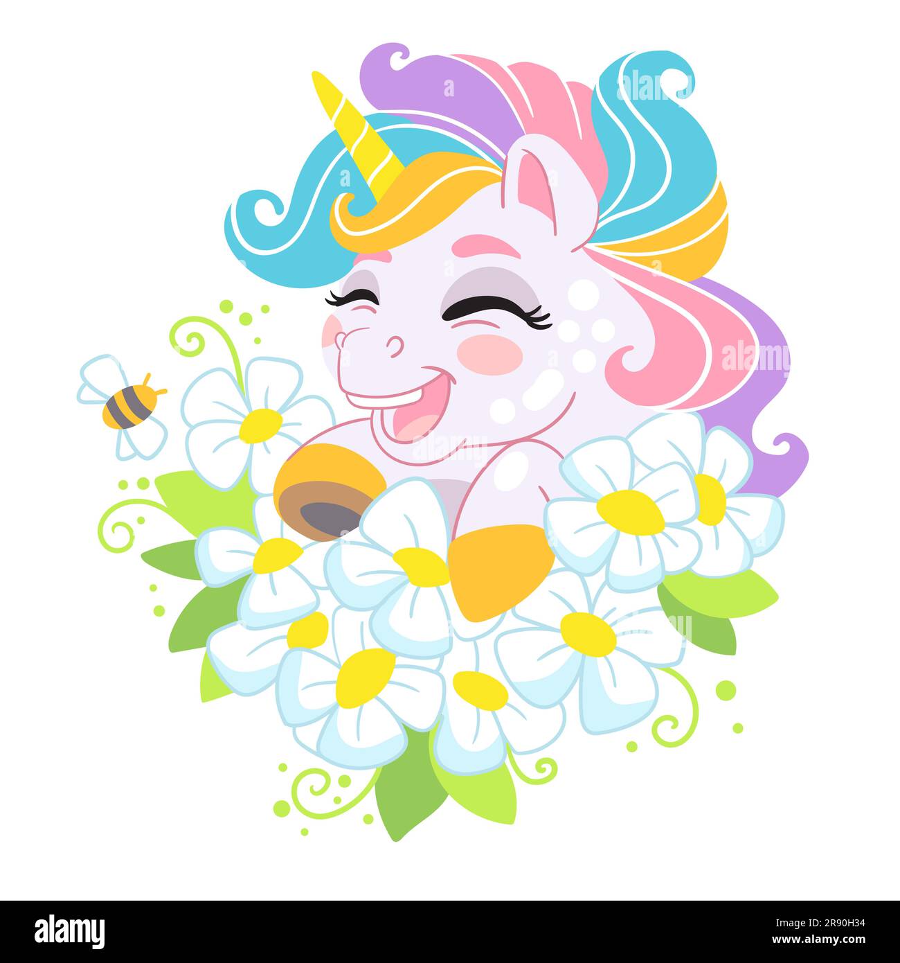Simpatico personaggio dei cartoni animati che ride unicorno con fiori e criniera arcobaleno. Illustrazione vettoriale isolata su sfondo bianco. Per stampa, design, poster Illustrazione Vettoriale
