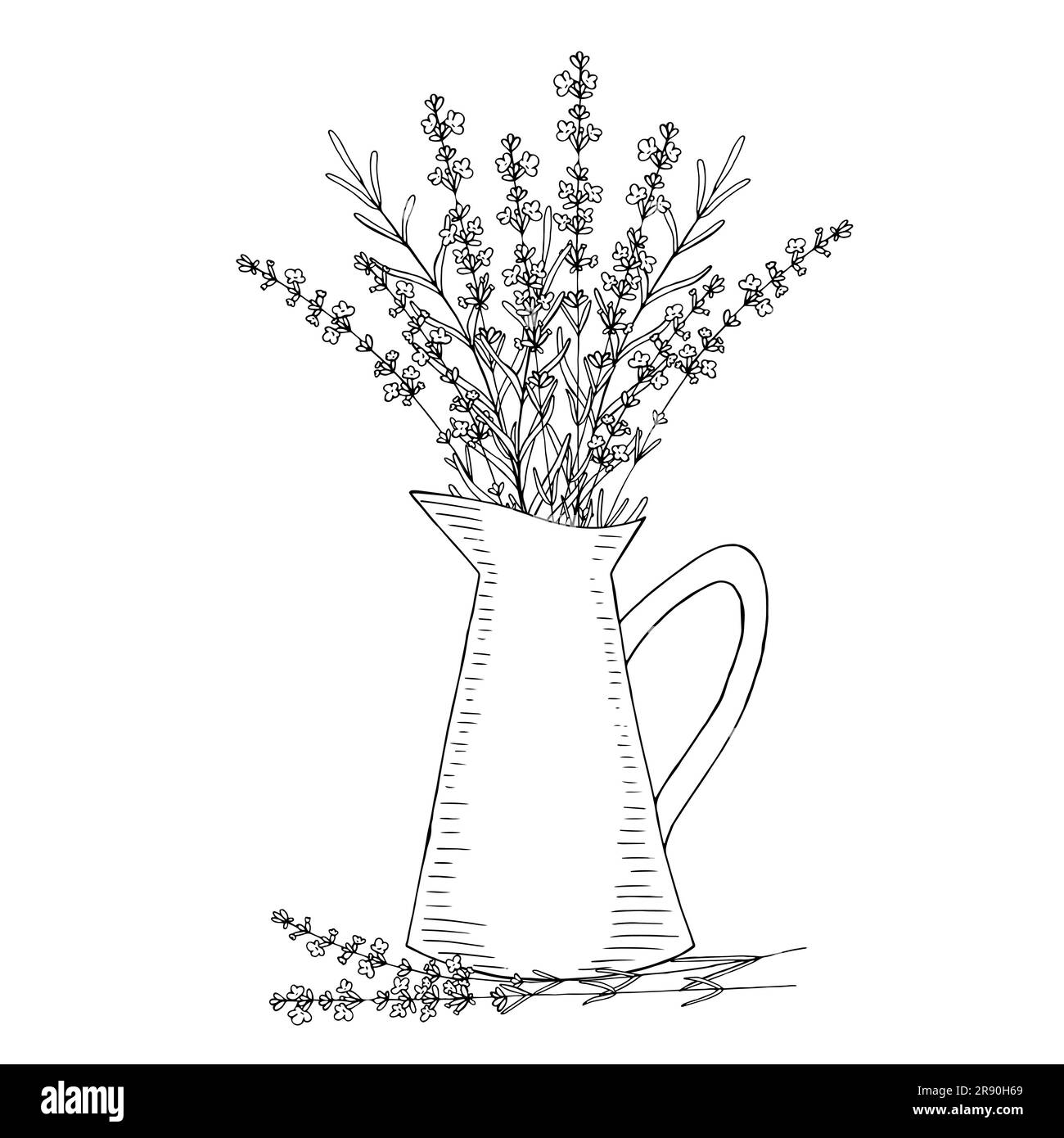 Fiori di lavanda in una brocca, elementi isolati con motivi floreali vettoriali disegnati a mano per un design su sfondo bianco Illustrazione Vettoriale