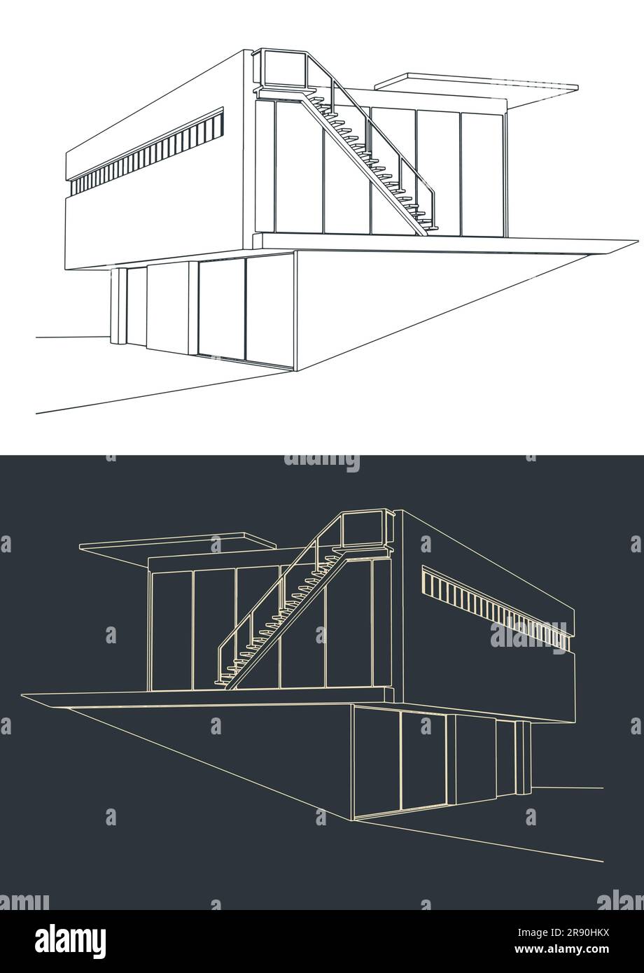 Illustrazioni vettoriali stilizzate di schizzi di una casa moderna in uno stile architettonico minimalista Illustrazione Vettoriale
