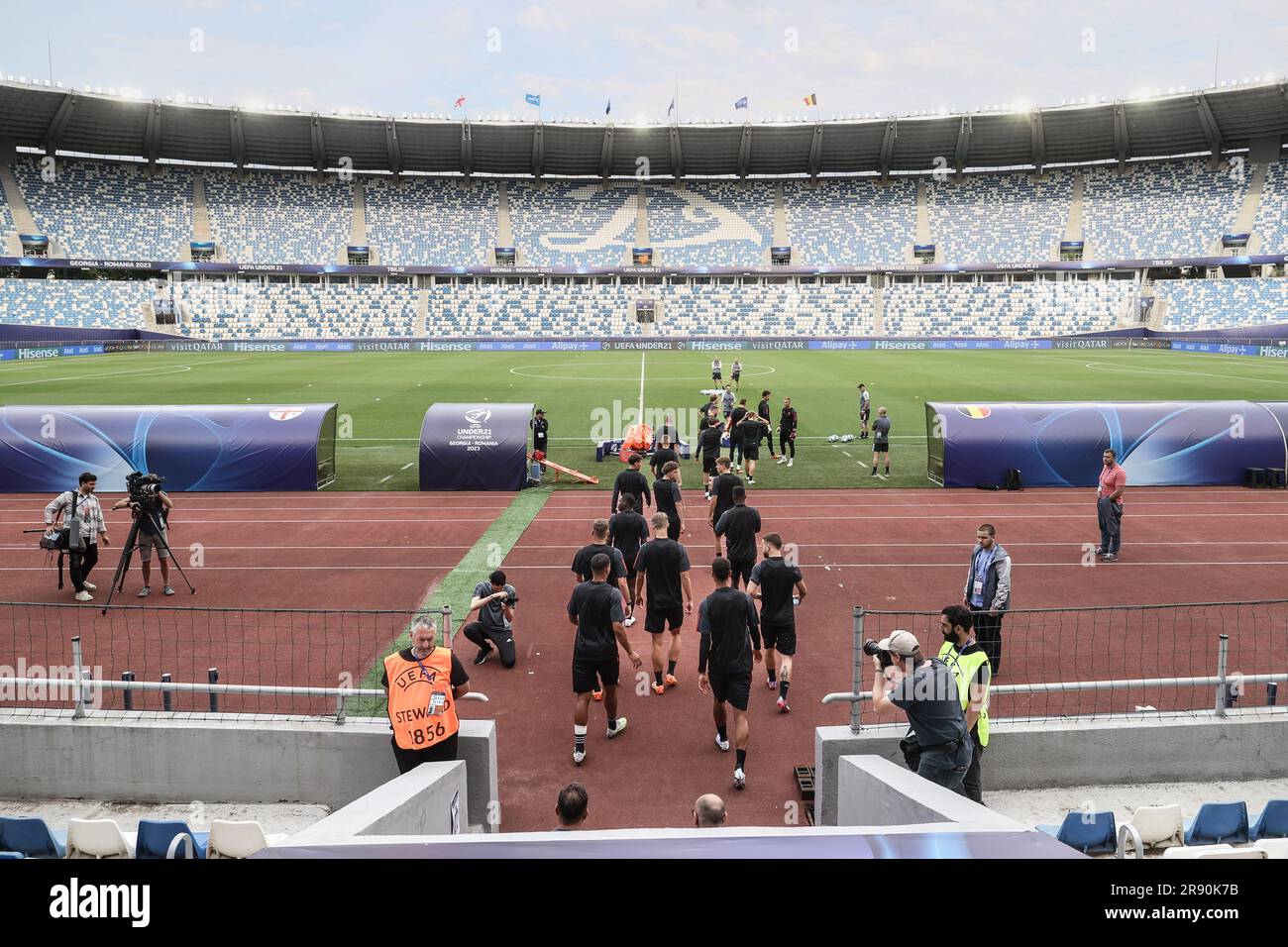 Tbilisi, Georgia. 23 giugno 2023. I giocatori belgi raffigurati durante una sessione di allenamento della squadra belga di calcio Under 21 ai Campionati europei UEFA Under21, a Tbilisi, Georgia, venerdì 23 giugno 2023. I campionati europei UEFA Under21 si svolgono dal 21 giugno all'8 luglio in Georgia e Romania. BELGA PHOTO BRUNO FAHY Credit: Belga News Agency/Alamy Live News Foto Stock