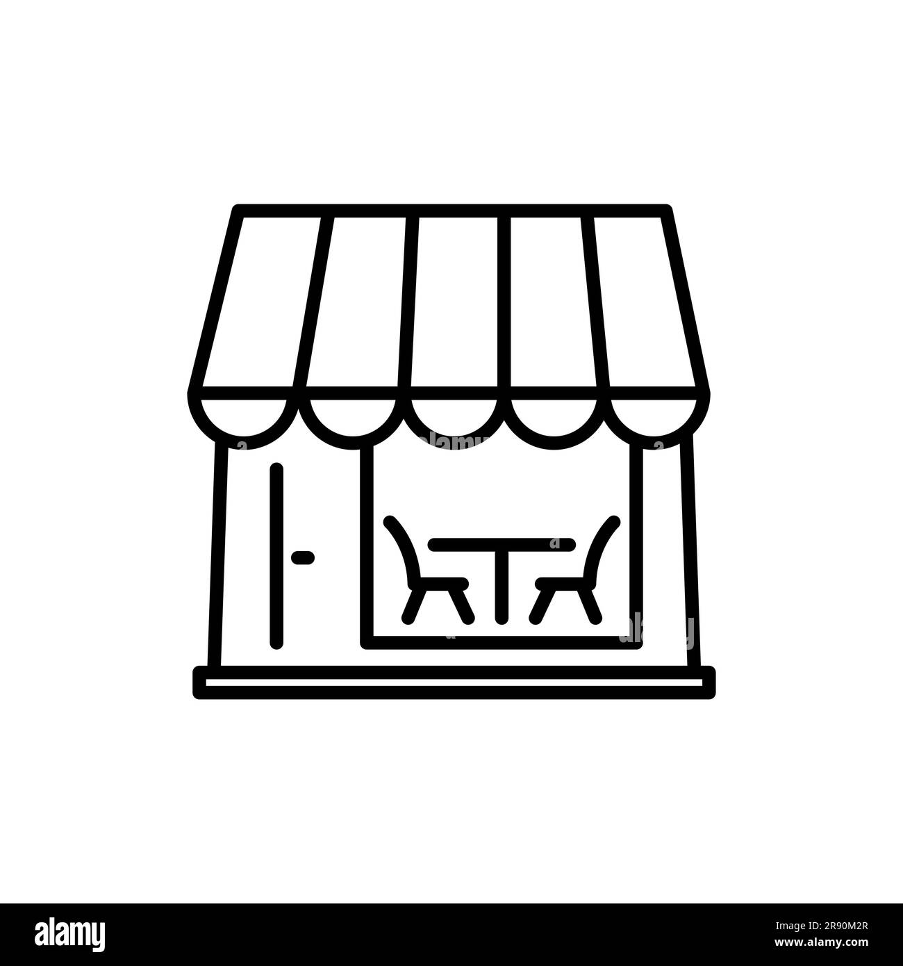 Facciata anteriore monocromatica del punto vendita con illustrazione vettoriale dell'icona della linea da tenda. Edificio commerciale con logo lineare con finestra e porta d'ingresso Illustrazione Vettoriale