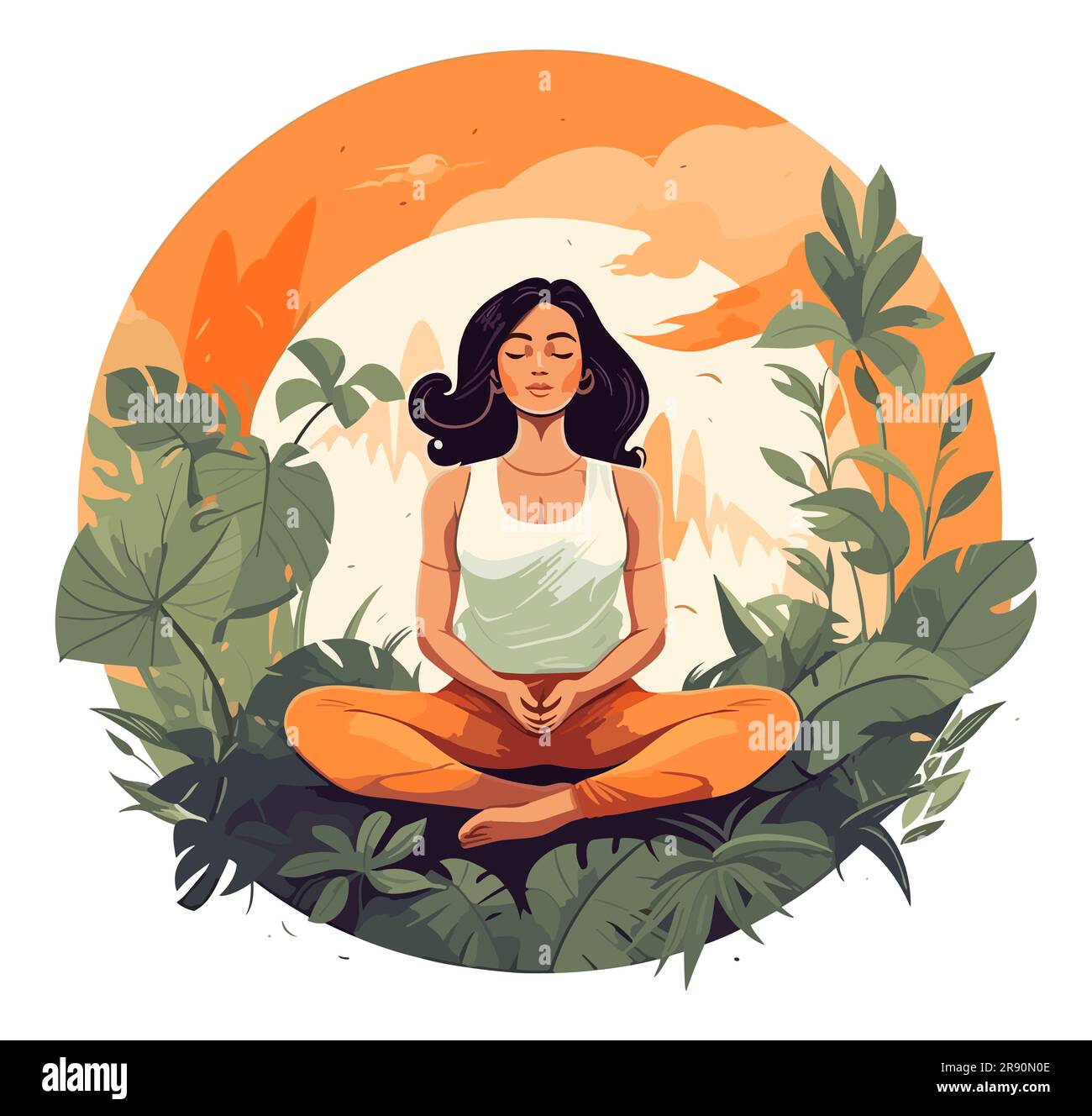Yogi donna in posa loto, meditando nella natura. Illustrazione vettoriale piatta con cornice rotonda spirituale. Illustrazione Vettoriale