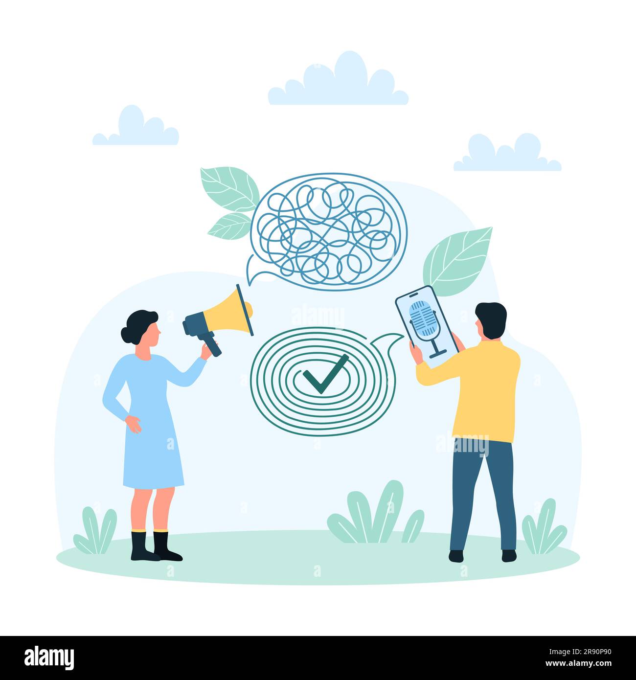 Comunicazione errata, spiegazione razionale dell'illustrazione del vettore di informazioni. Il cartone animato coinvolgeva le persone più piccole con megafono e telefono cellulare che comunicavano con bolle vocali, risolvevano malintesi Illustrazione Vettoriale