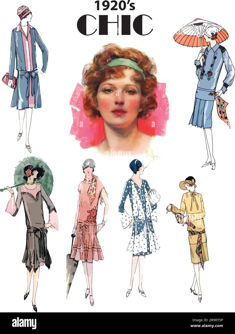 Immagini colorate della pubblicità degli anni '1920 di moda contemporanea. Splendido design classico dei cuscini color acqua. Illustrazione Vettoriale
