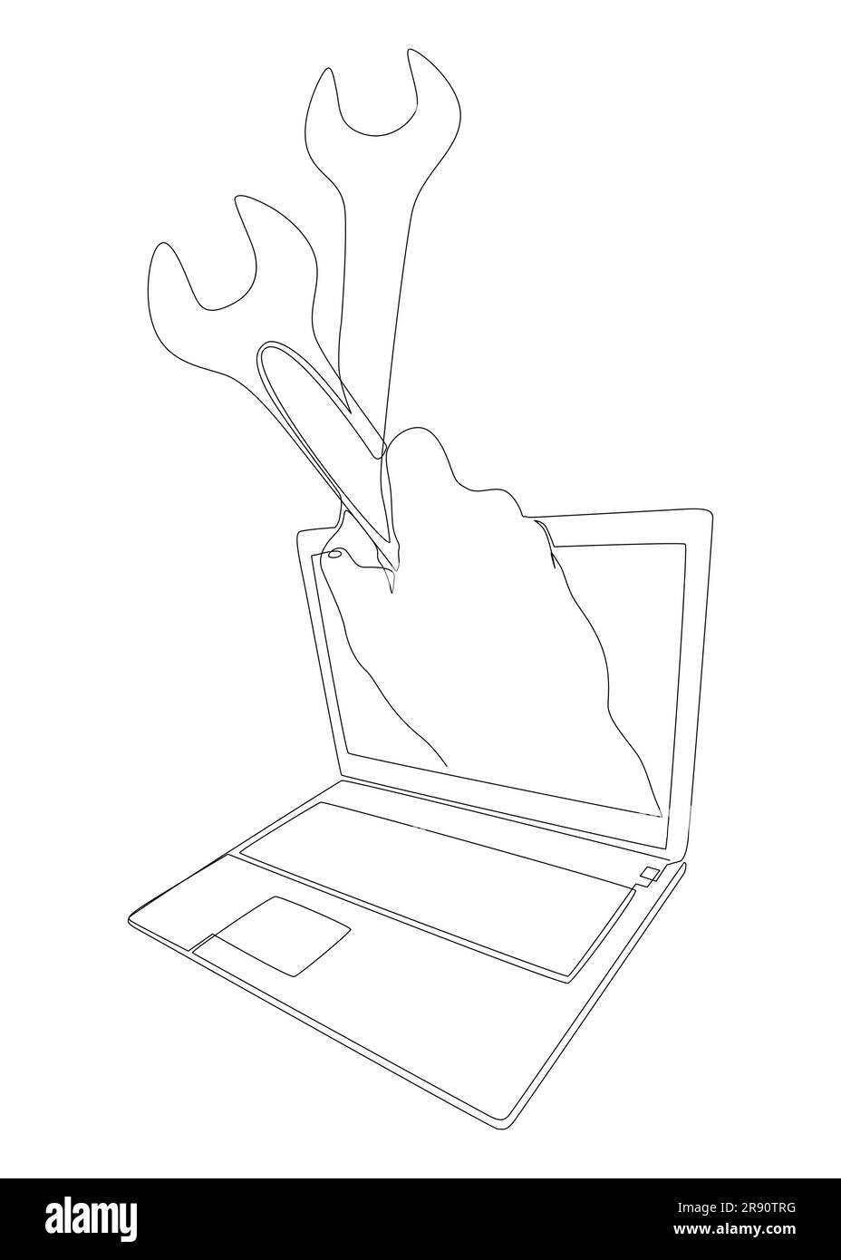 Una linea continua di laptop con chiave. Concetto vettoriale illustrazione a linee sottili. Idee creative per disegnare contorni. Illustrazione Vettoriale