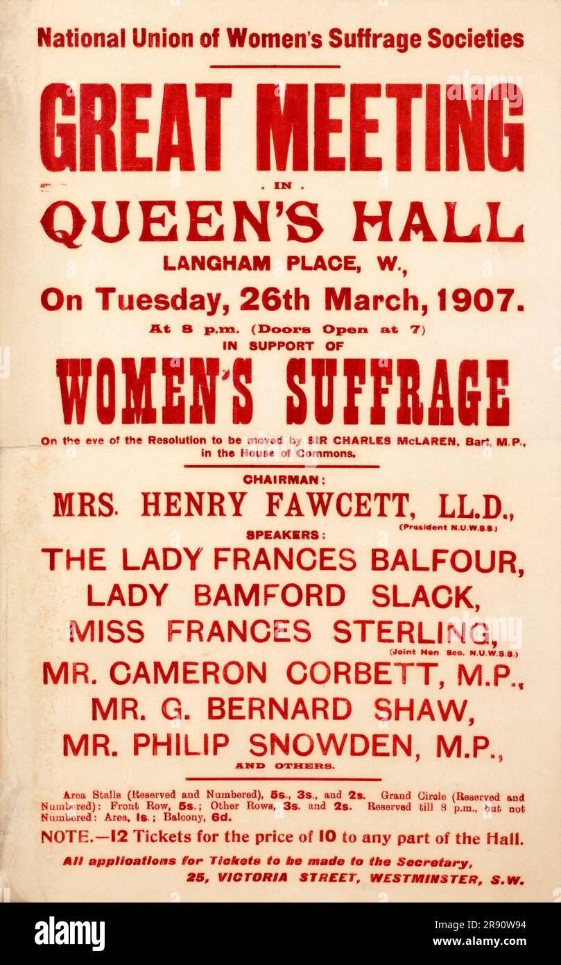 Un annuncio per una riunione della National Union of Women's Suffrage Societies (NUWSS) a Queens Hall, Londra, iscrizione stampata in rosso: 'National Union of Women's Suffrage Societies GREAT MEETING IN QUEEN'S HALL LANGHAM PLACE, W., martedì 26 marzo 1907. Foto Stock