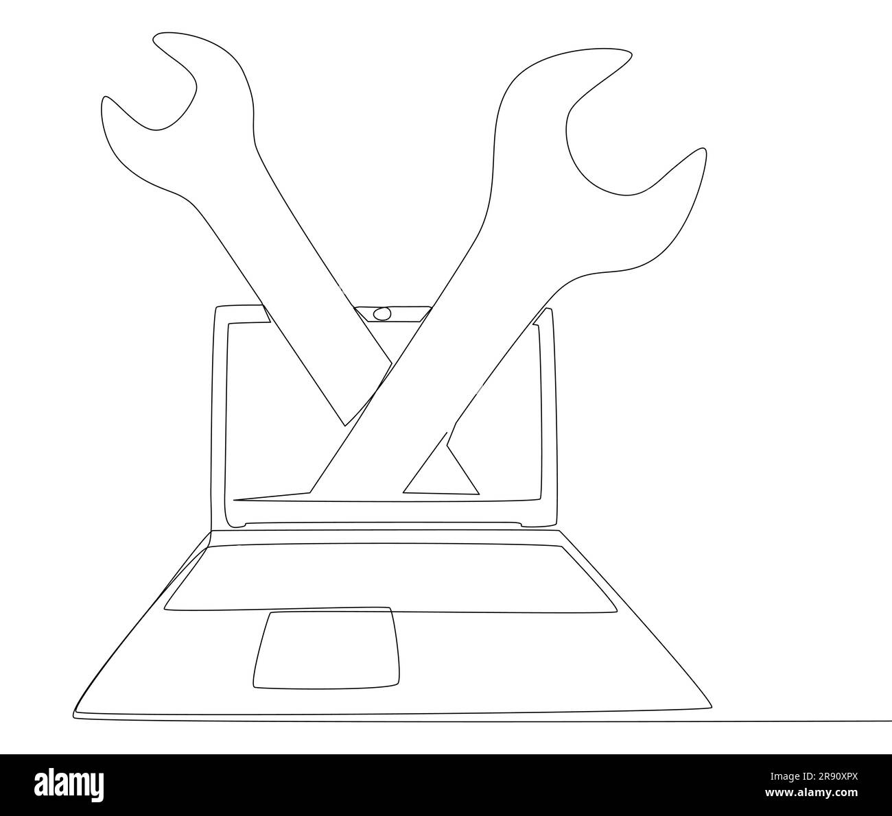 Una linea continua di laptop con chiave. Concetto vettoriale illustrazione a linee sottili. Idee creative per disegnare contorni. Illustrazione Vettoriale