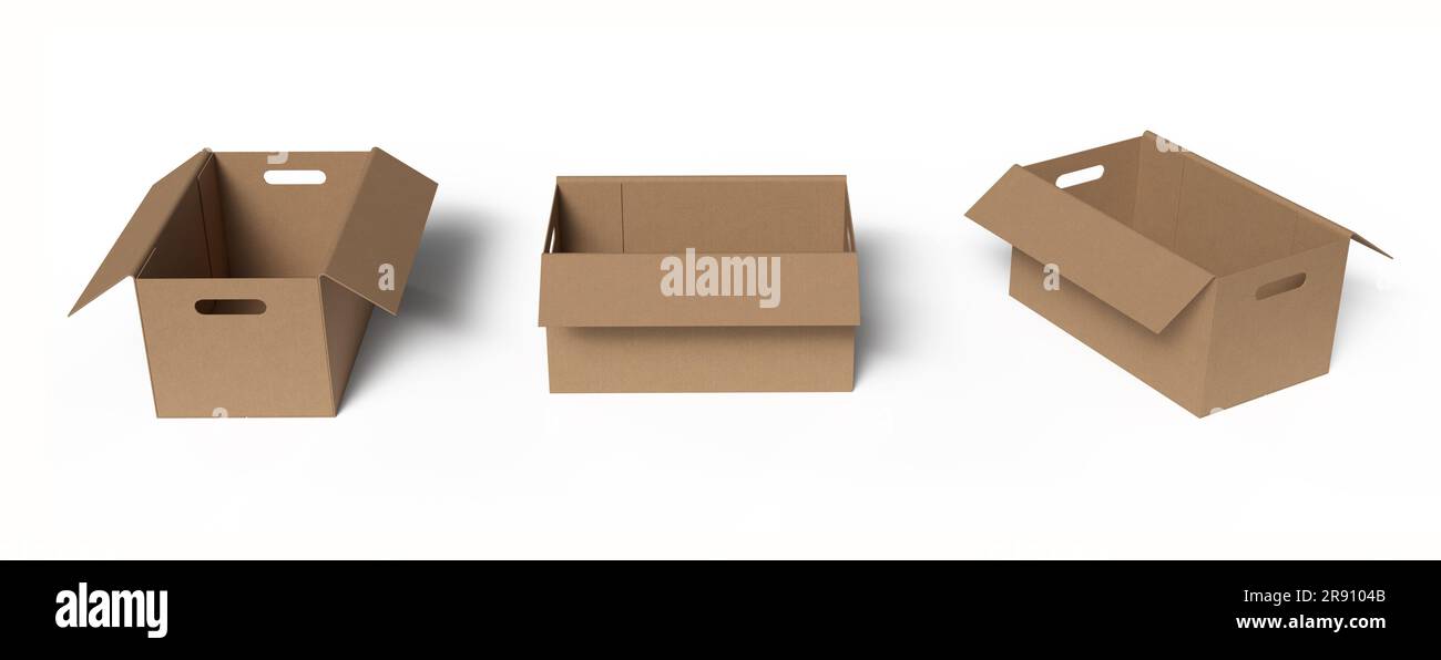 Set di scatole di cartone isolate su sfondo bianco. illustrazione 3d. Foto Stock