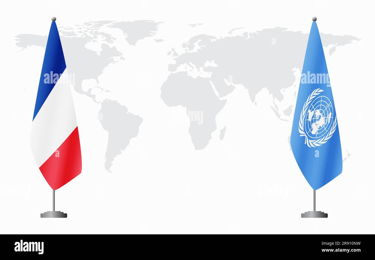 La Francia e le Nazioni Unite bandiere per un incontro ufficiale sullo sfondo della mappa mondiale. Illustrazione Vettoriale