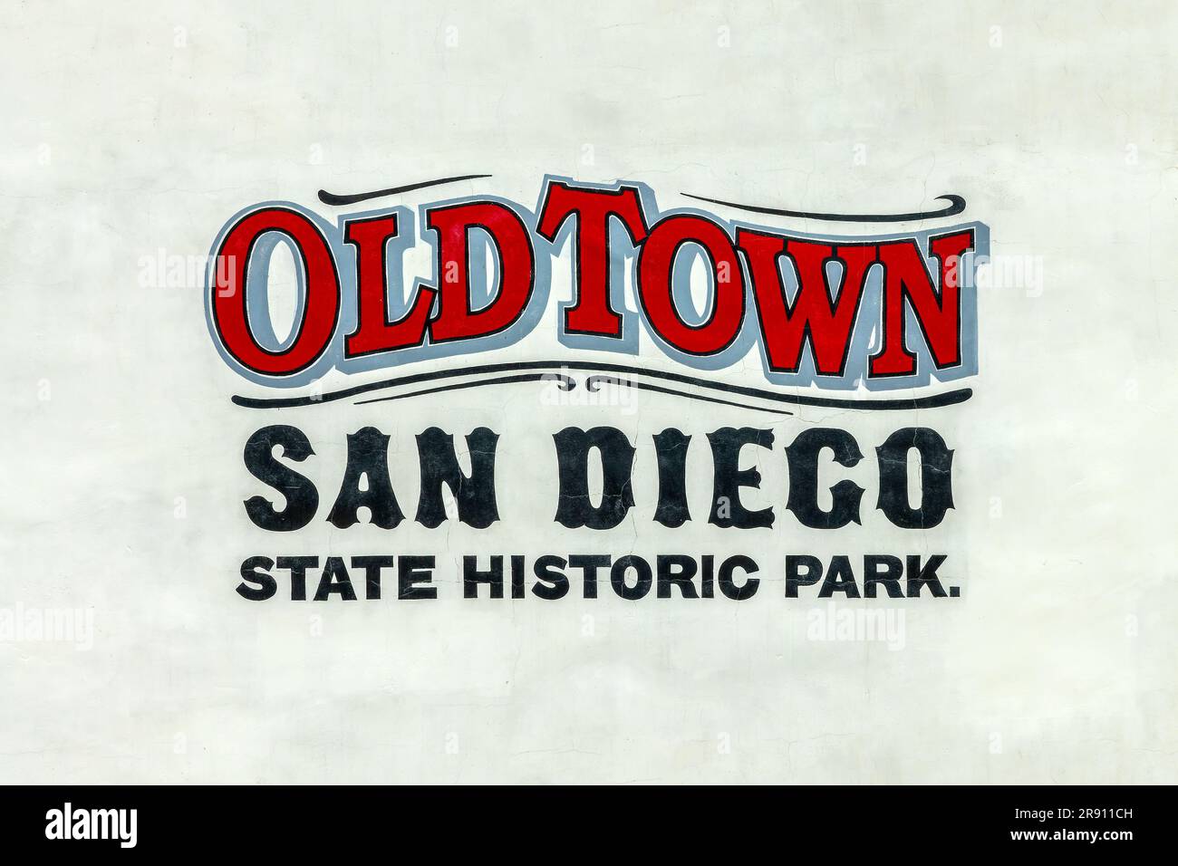 Old Town San Diego, State Historic Park, insegna su un muro bianco, California Foto Stock