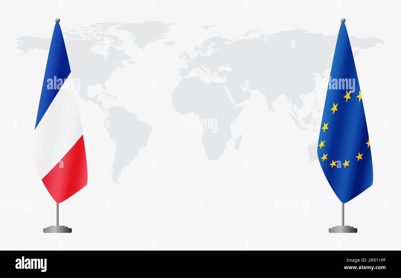Francia e Unione europea bandiere per riunioni ufficiali sullo sfondo della mappa mondiale. Illustrazione Vettoriale