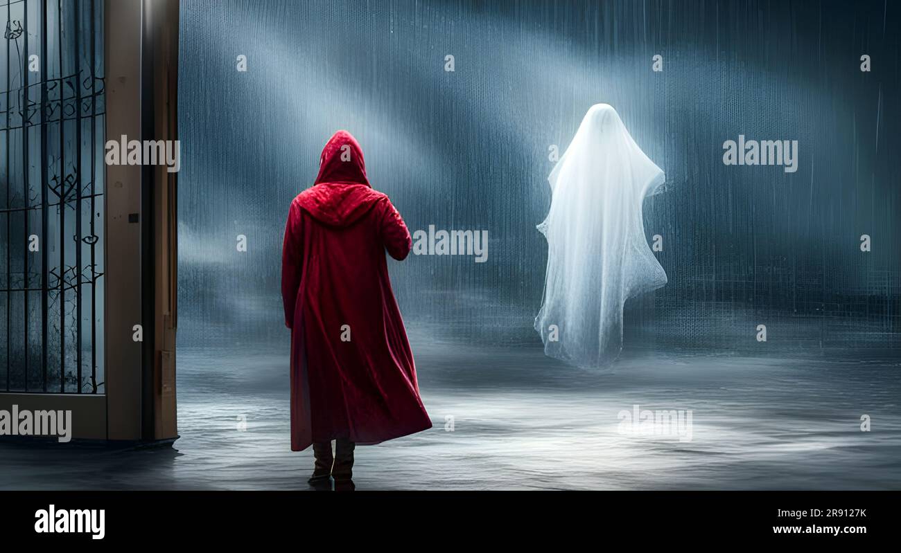 Incontro sotto la pioggia, inquietante incontro con un fantasma Foto Stock