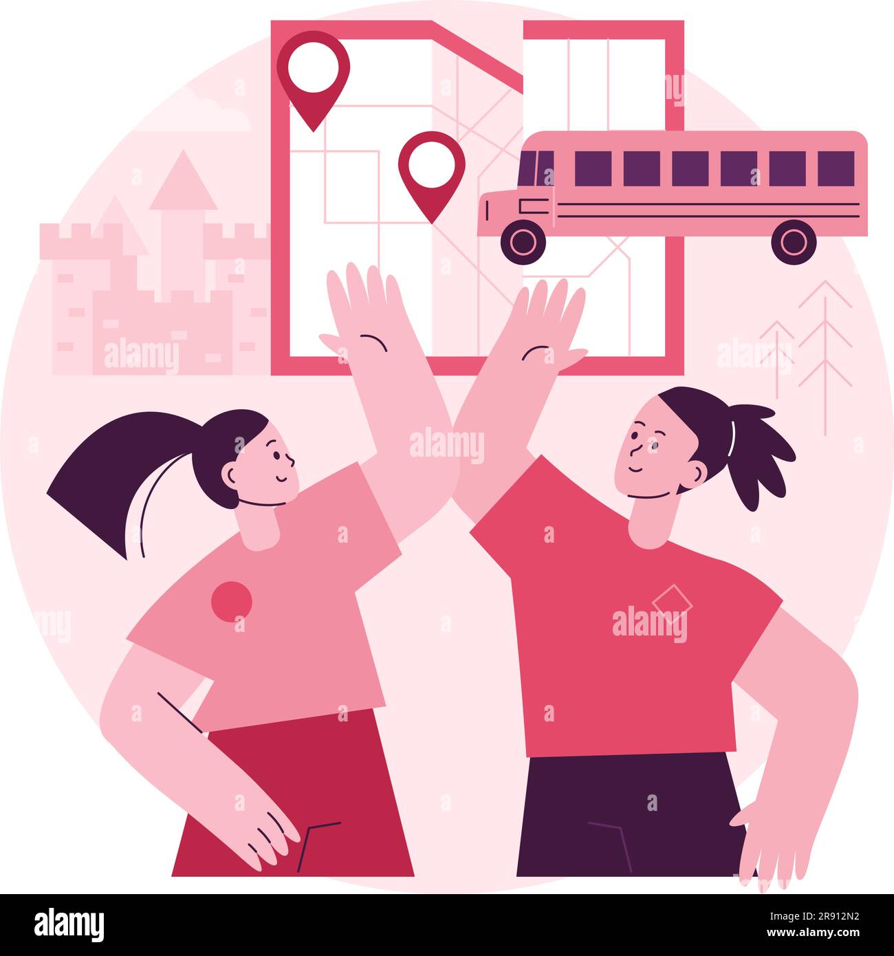 Illustrazione vettoriale del concetto astratto di viaggio sul campo. Gita scolastica, escursione scolastica, viaggio di gruppo studentesco, esplorazione della natura, escursione culturale, attività del processo scolastico metafora astratta. Illustrazione Vettoriale