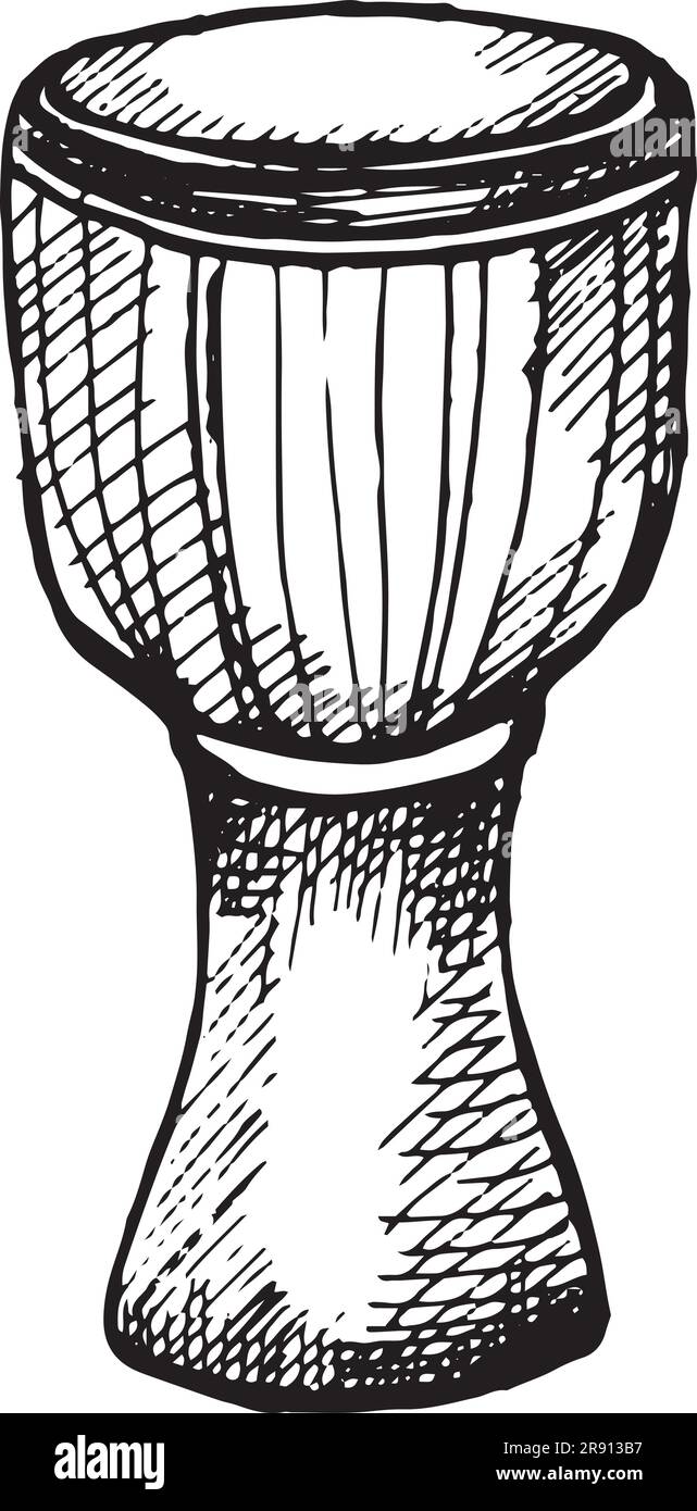 Djembe percussioni strumento musicale illustrazione vettoriale isolato. Inchiostro di strumento folk africano bianco e nero dipinto a mano. Tamburo etnico. Elemento di disegno f Illustrazione Vettoriale