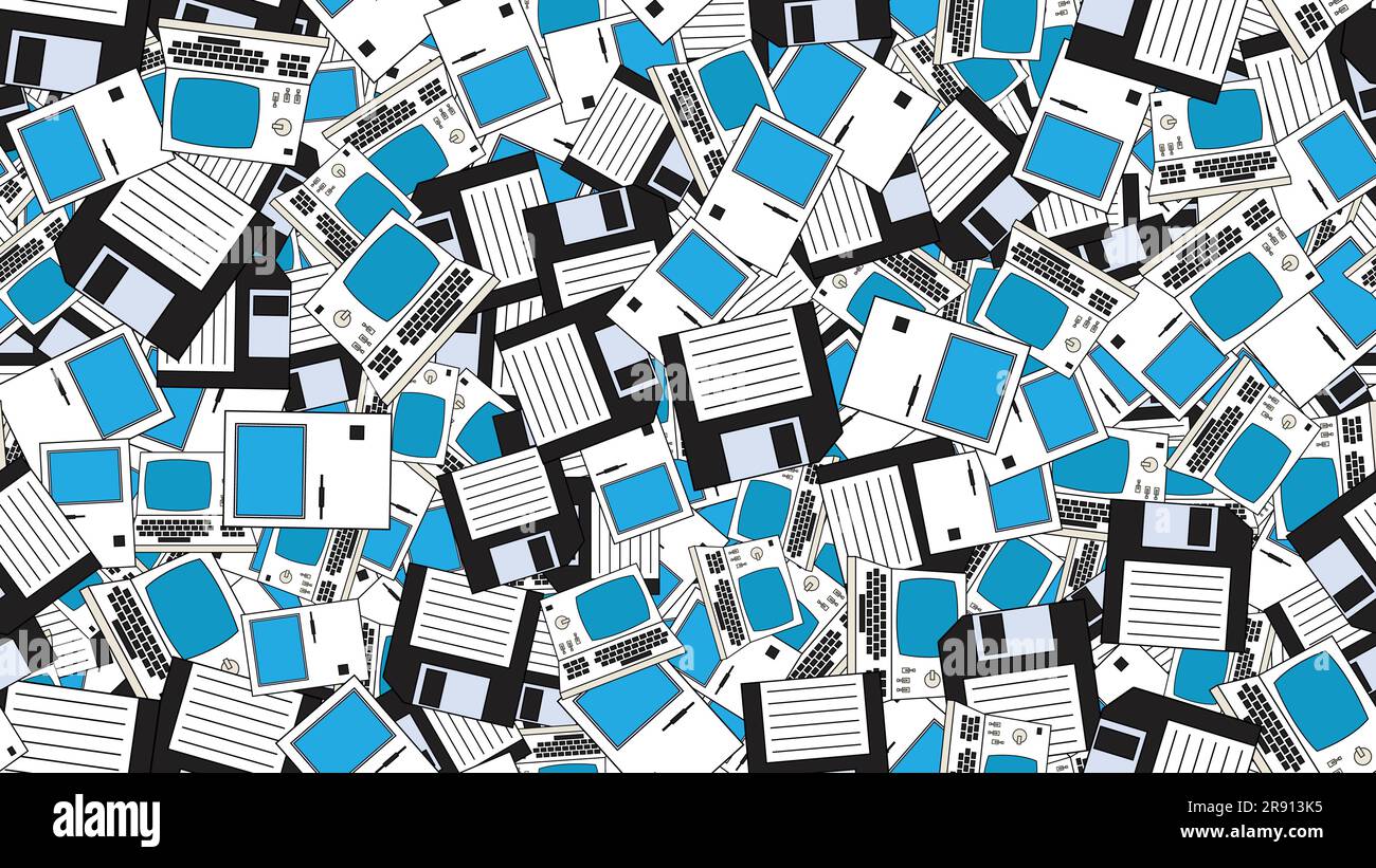 Computer senza interruzioni con vecchi computer retrò, pc e floppy disk hipster bianchi vintage da 70s, 80s, 90s isolati su sfondo bianco. Illustrazione Vettoriale