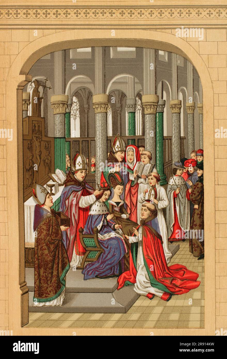 Carlo V di Francia (1338-1380). Incoronazione di Carlo V come re di Francia il 19 maggio 1364 nella Cattedrale di Reims. Accanto a lui, sua moglie Giovanna di Borbone (1338-1378). Chromolithography dopo una miniatura da 'Cronache di Froissart'. Les Arts au Moyen Age et a l'Epoque de la Renaissance', di Paul Lacroix. Parigi, 1877. Foto Stock