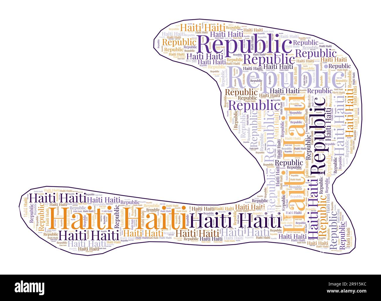 Forma Haiti piena di nome del paese in molte lingue. Mappa di Haiti in stile nuvola di parole. Elegante illustrazione vettoriale. Illustrazione Vettoriale