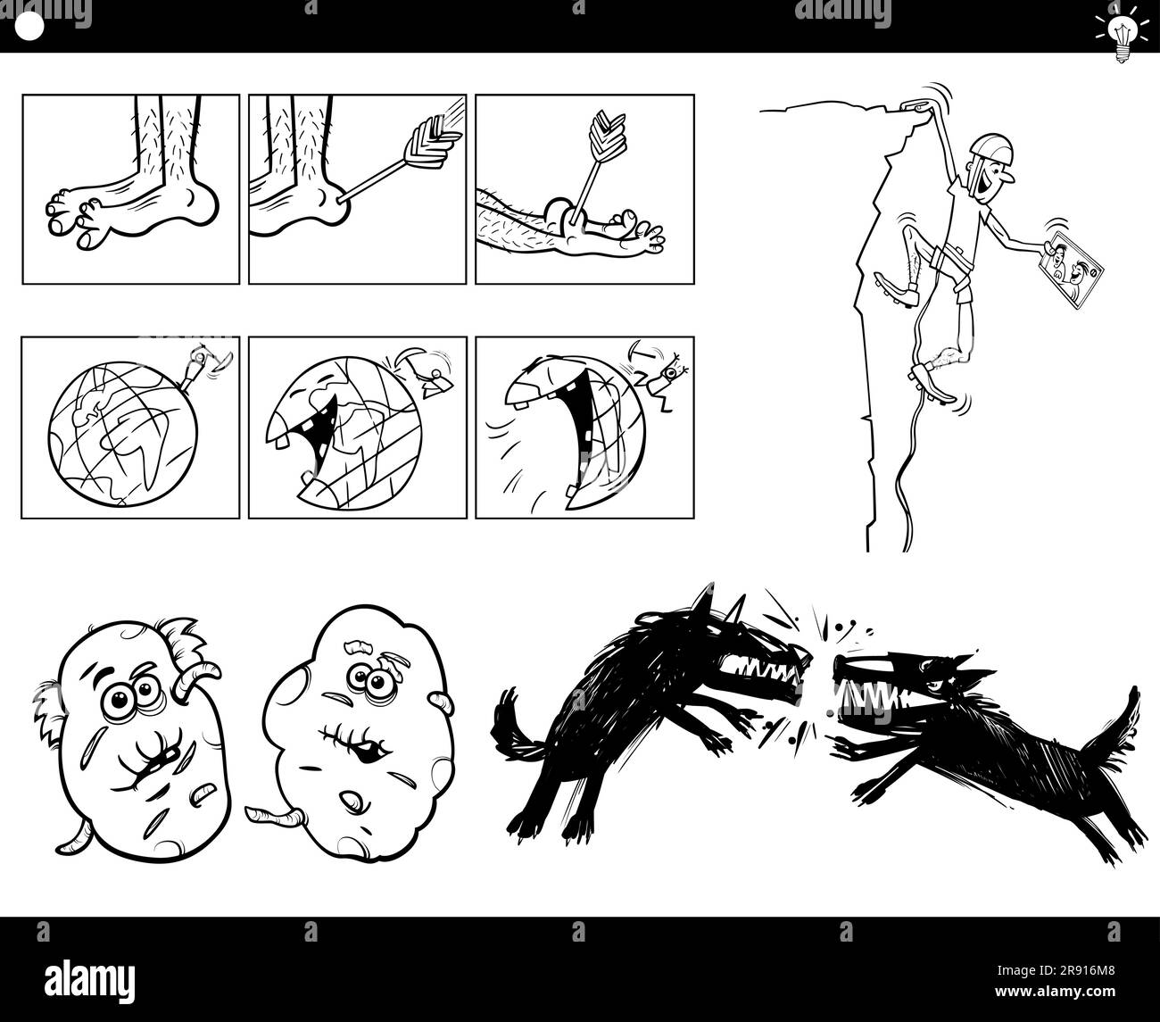 Set di illustrazioni di divertenti concetti di cartoni animati o metafore o detti con personaggi comici Illustrazione Vettoriale