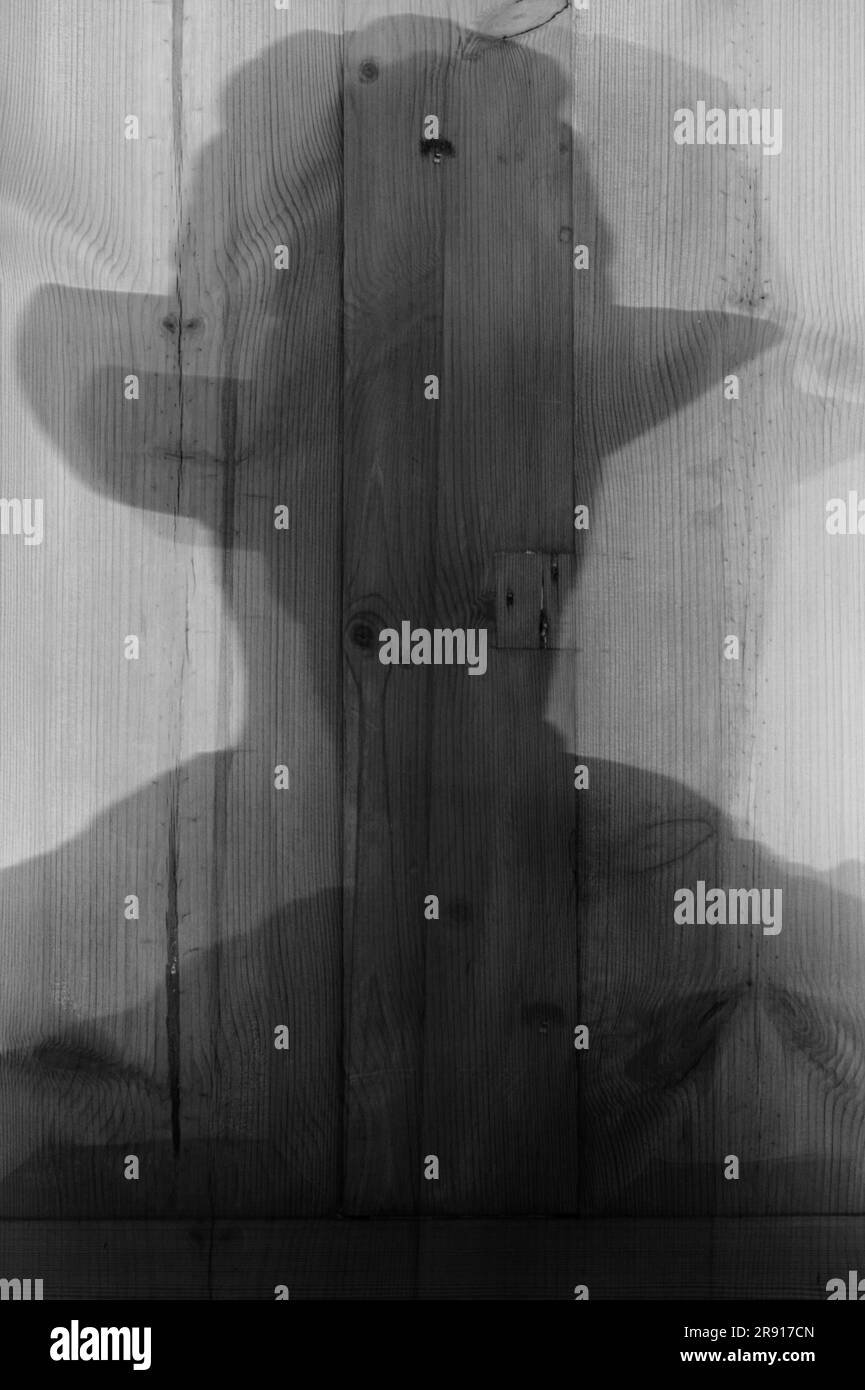 Shadow of A Man, Person in A Hat Against A Pine Wooden Door, concetto di misterioso, straniero, personaggio oscuro Foto Stock
