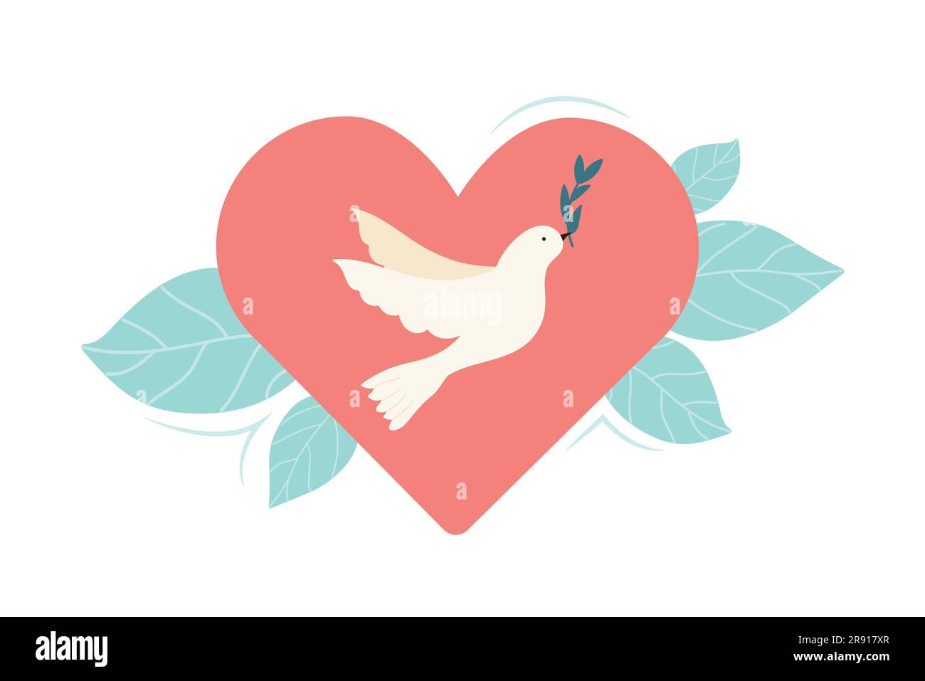 Colomba volante con rametto di ulivo all'interno del cuore. Uccello da cartoni animati, simbolo di pace e libertà Illustrazione Vettoriale