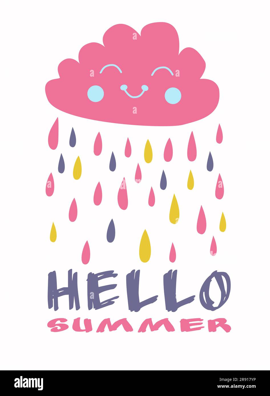 Composizione lettering disegnata a mano di Hello Summer con nuvole di doodle e pioggia. Illustrazione Vettoriale