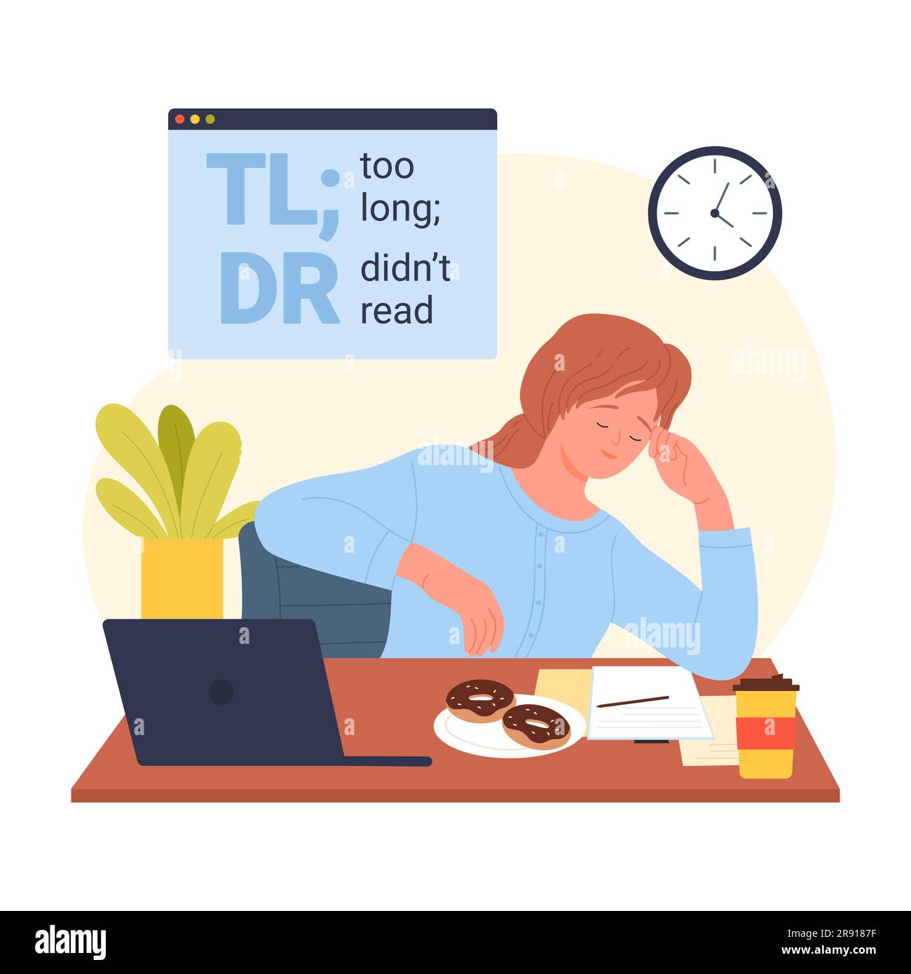 Concetto TLDR, troppo lungo non ha letto, meme e messaggio dal lessico dell'illustrazione del vettore di comunicazione Internet. Ragazza pigra dei cartoni animati seduta alla scrivania del computer, ignora il testo dell'articolo o le notizie a causa della lunghezza Illustrazione Vettoriale