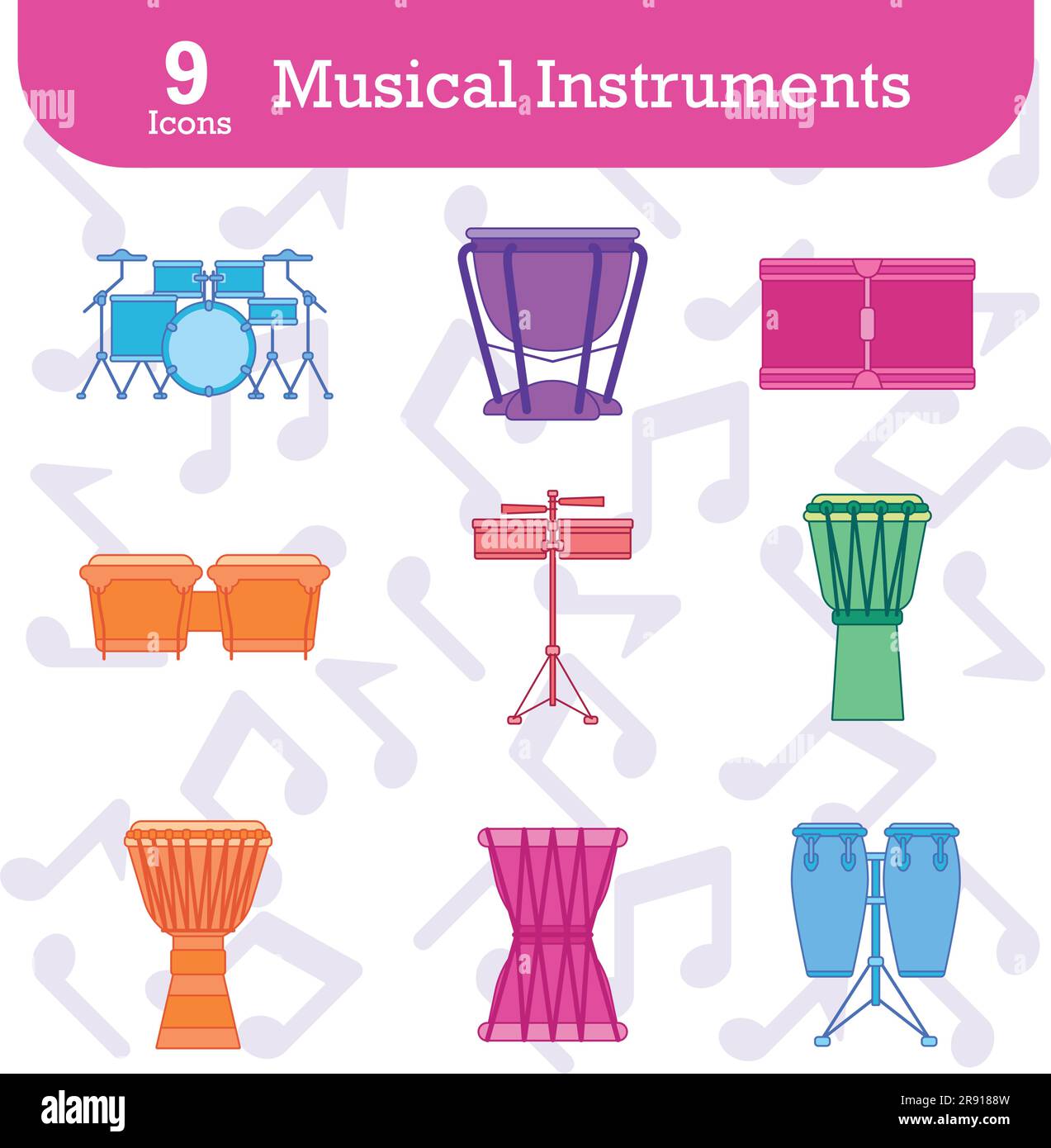 Set di icone colorate di strumenti musicali Vector Illustrazione Vettoriale