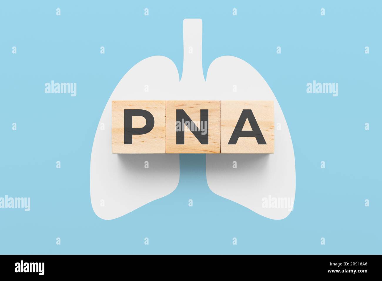 PNA (polmonite) cubi in legno su sfondo blu con icona polmone bianca Foto Stock
