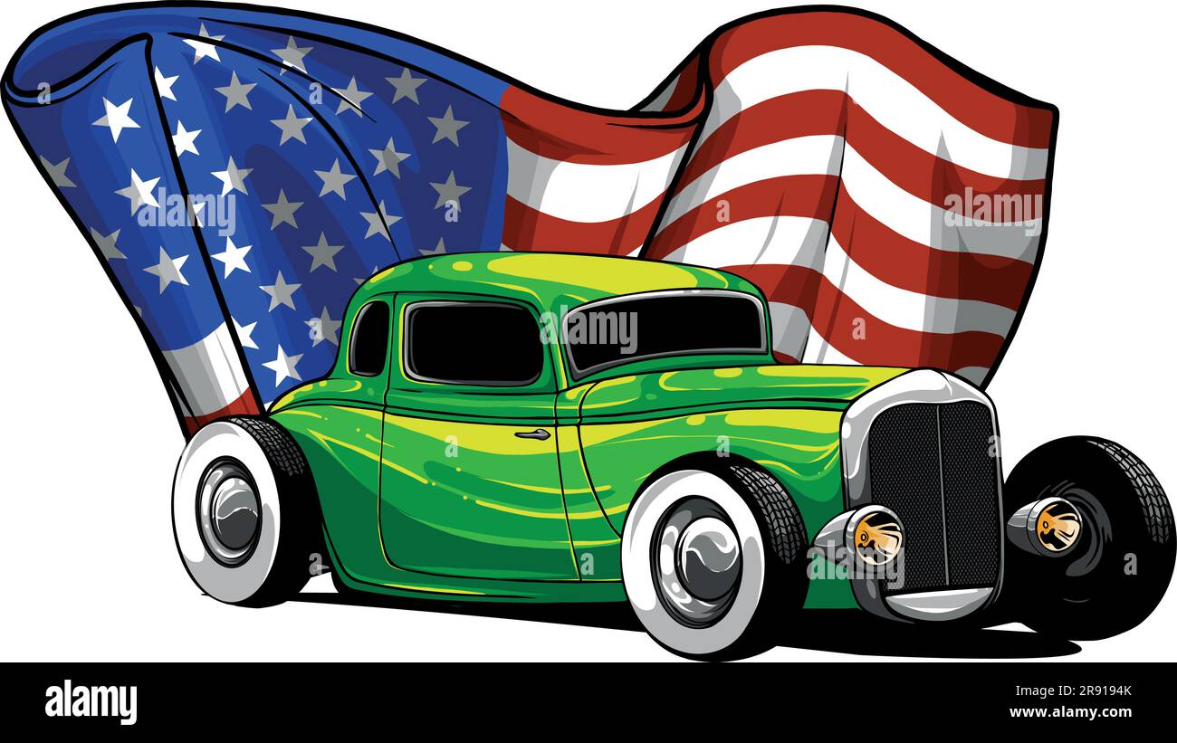 illustrazione vettoriale di auto hot rod con bandiera americana Illustrazione Vettoriale