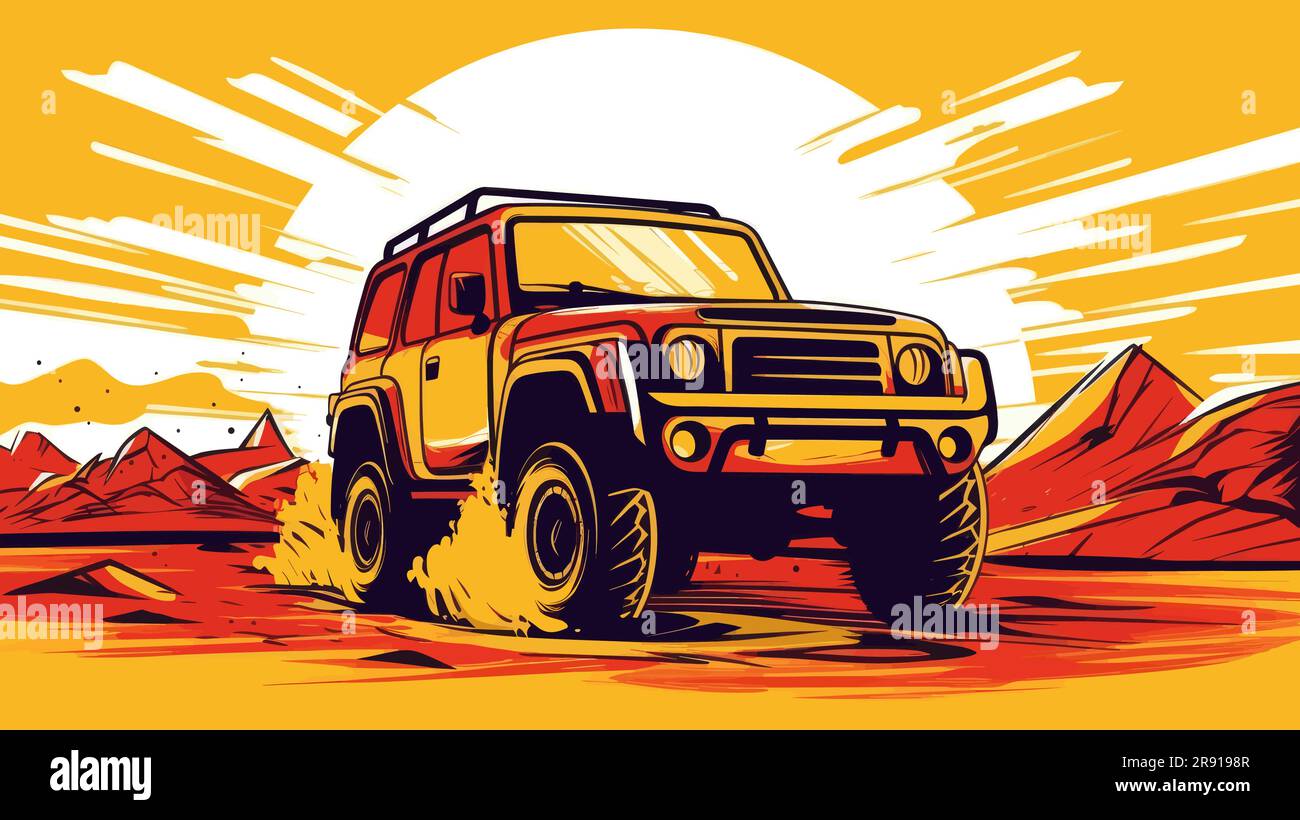 SUV selvaggio che si crogiolano nel deserto su un enorme sfondo solare. 4x4 sport, safari fuoristrada avventura orizzontale banner vettore illustrazione. Illustrazione Vettoriale