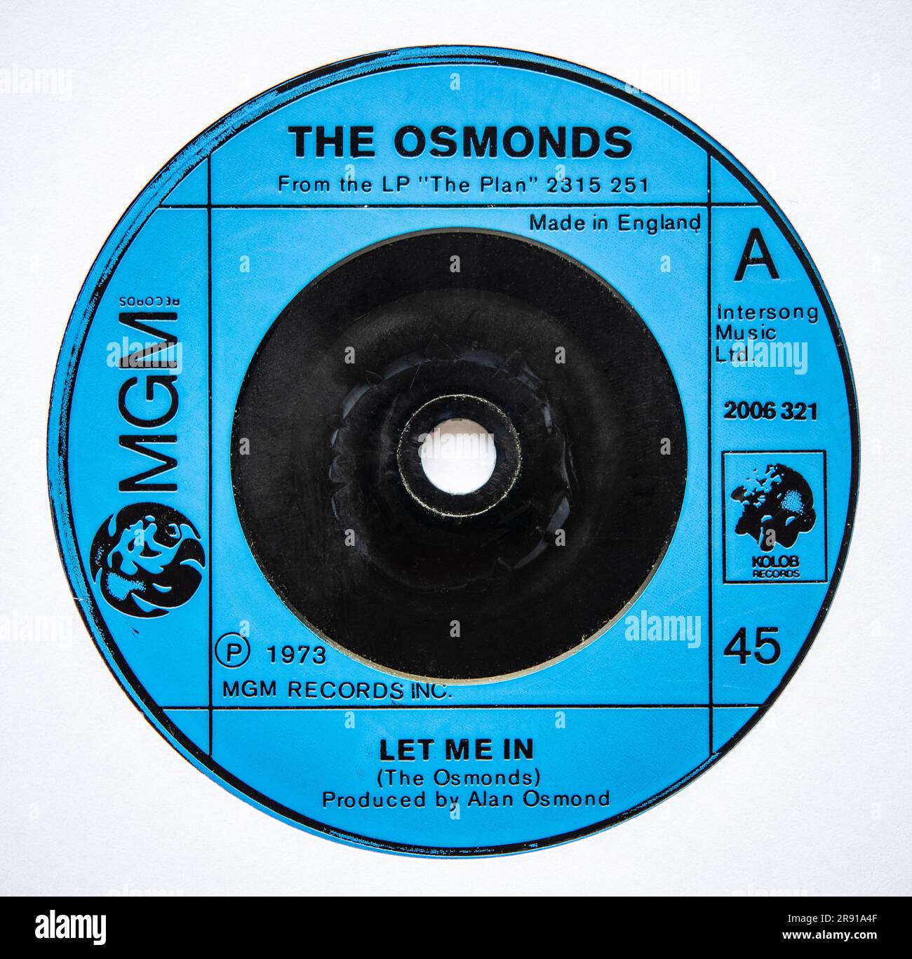 Etichetta Centre della versione single da sette pollici di Let me in by the Osmonds, pubblicata nel 1973 Foto Stock