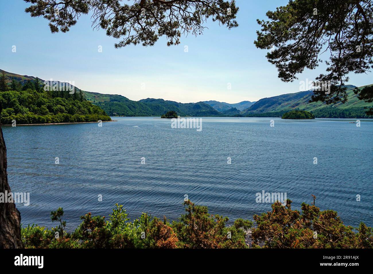 Derwent Water, Keswick, popolare il Lake District inglese, Cumbria, a giugno, tempo estivo Foto Stock