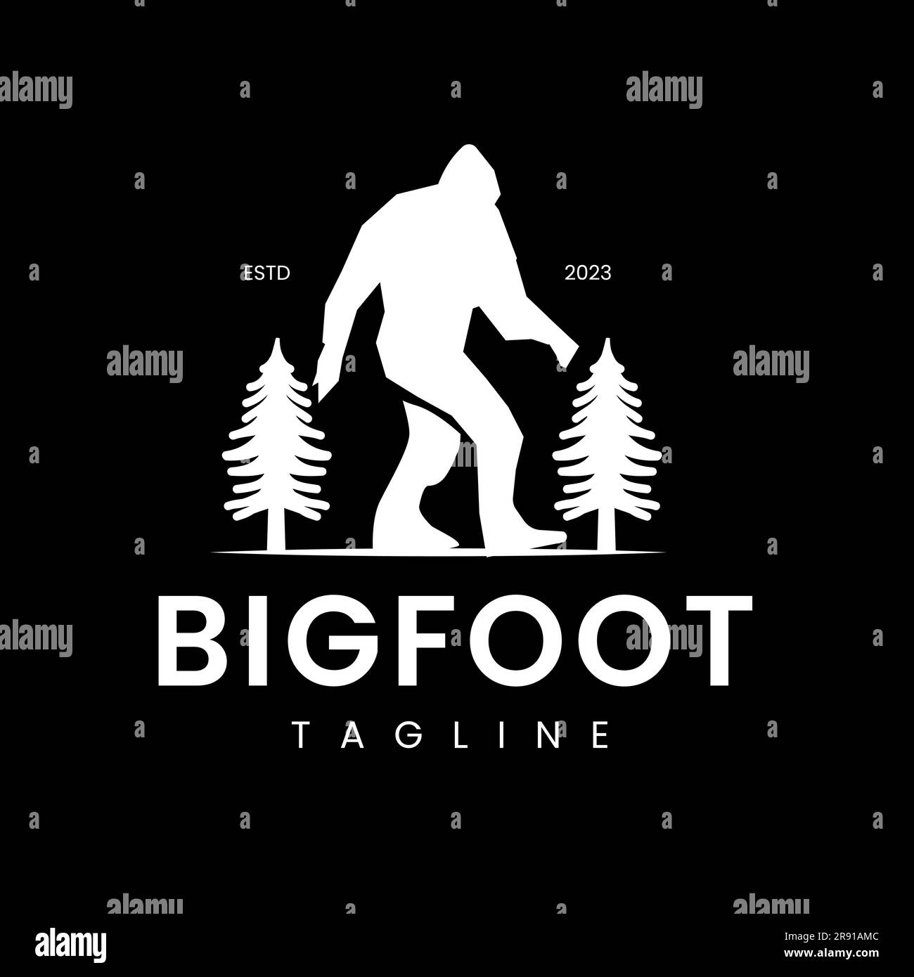 Sagoma a piedi Bigfoot simbolo albero di disegno vettoriale illustrazione vettoriale vintage retrò. Sfondo nero Illustrazione Vettoriale