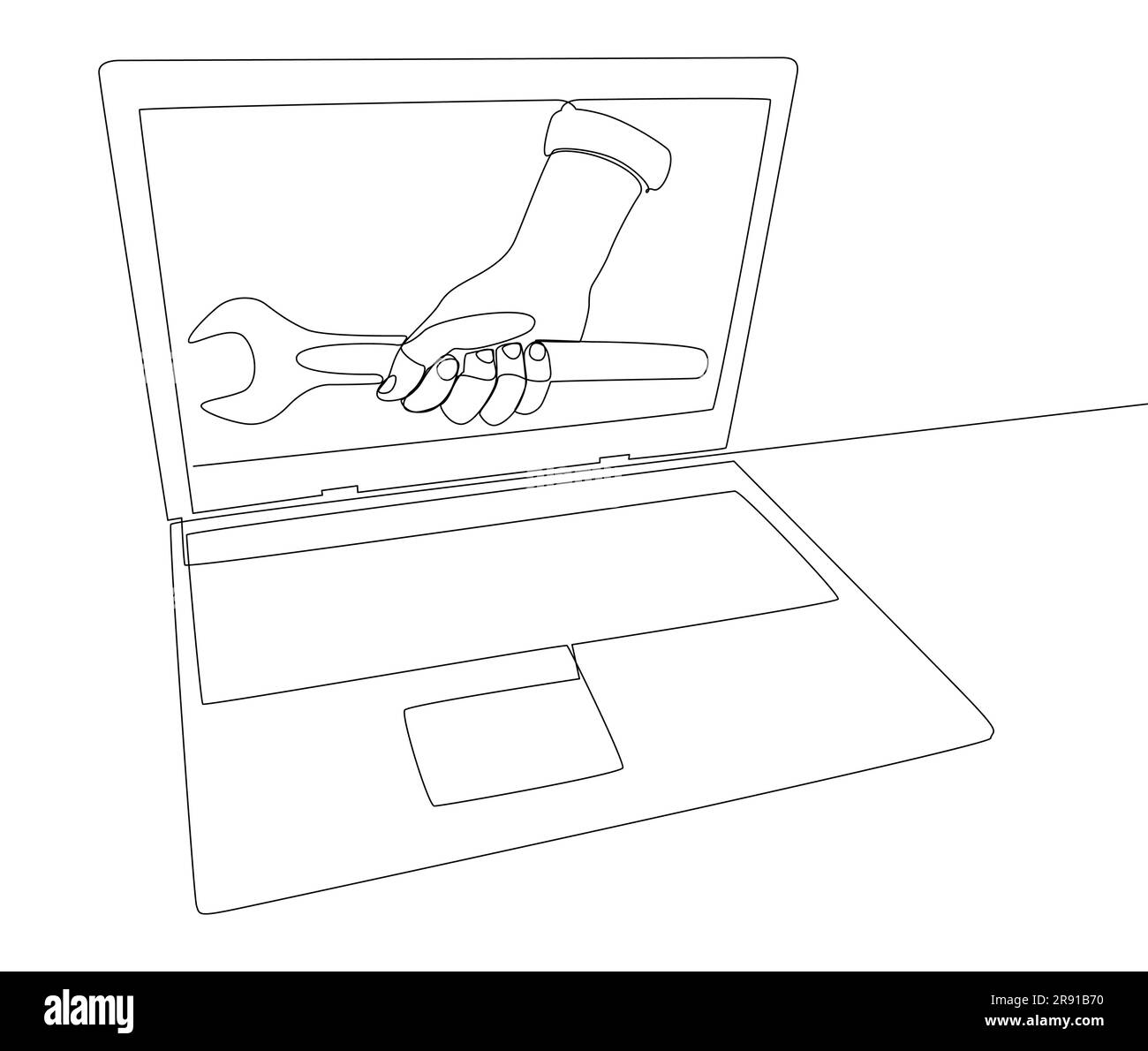 Una linea continua di laptop con chiave. Concetto vettoriale illustrazione a linee sottili. Idee creative per disegnare contorni. Illustrazione Vettoriale